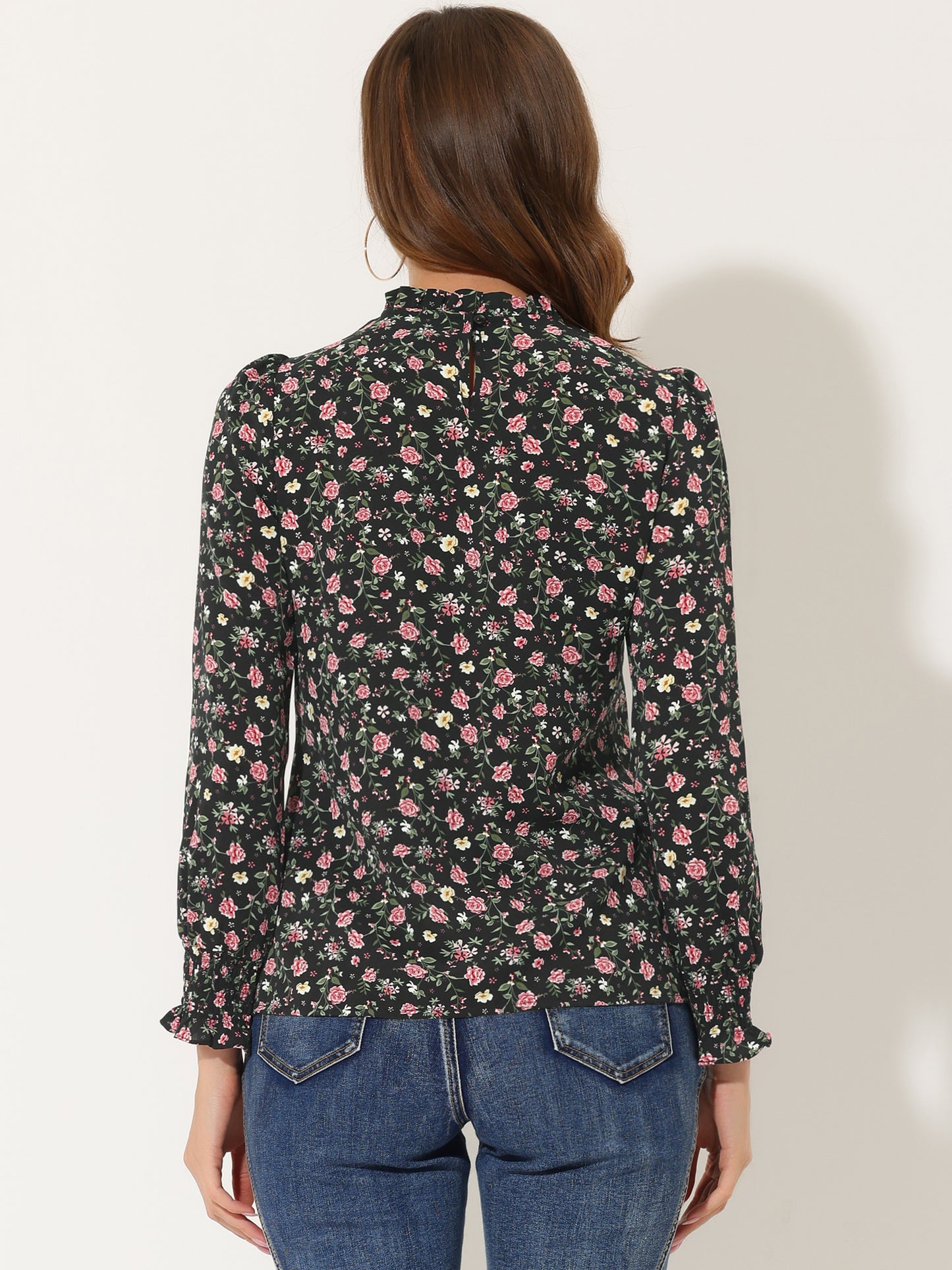 Women's Printed Ruffled Mock Neck Puff Long Sleeve Blouse Top