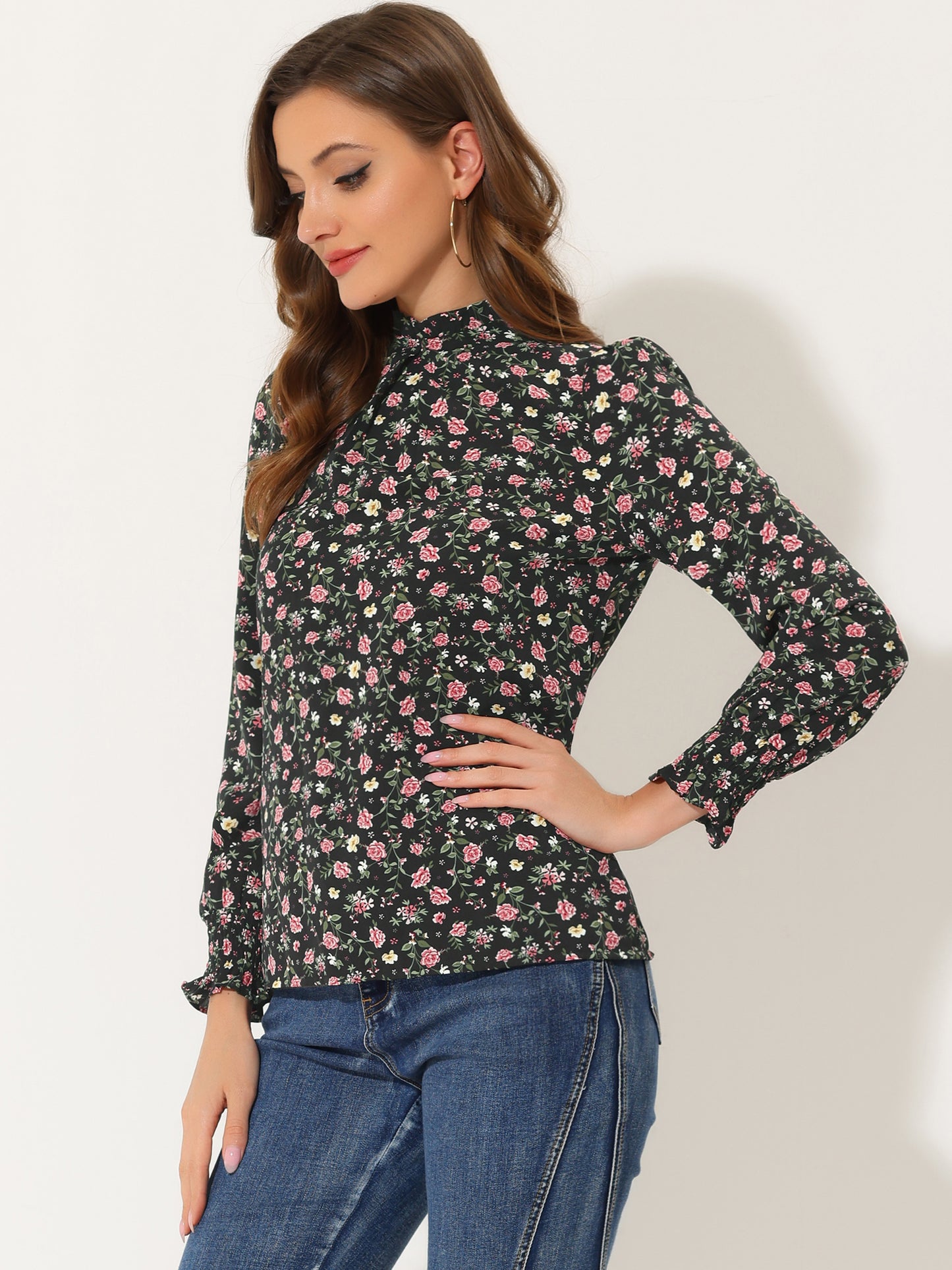 Women's Printed Ruffled Mock Neck Puff Long Sleeve Blouse Top