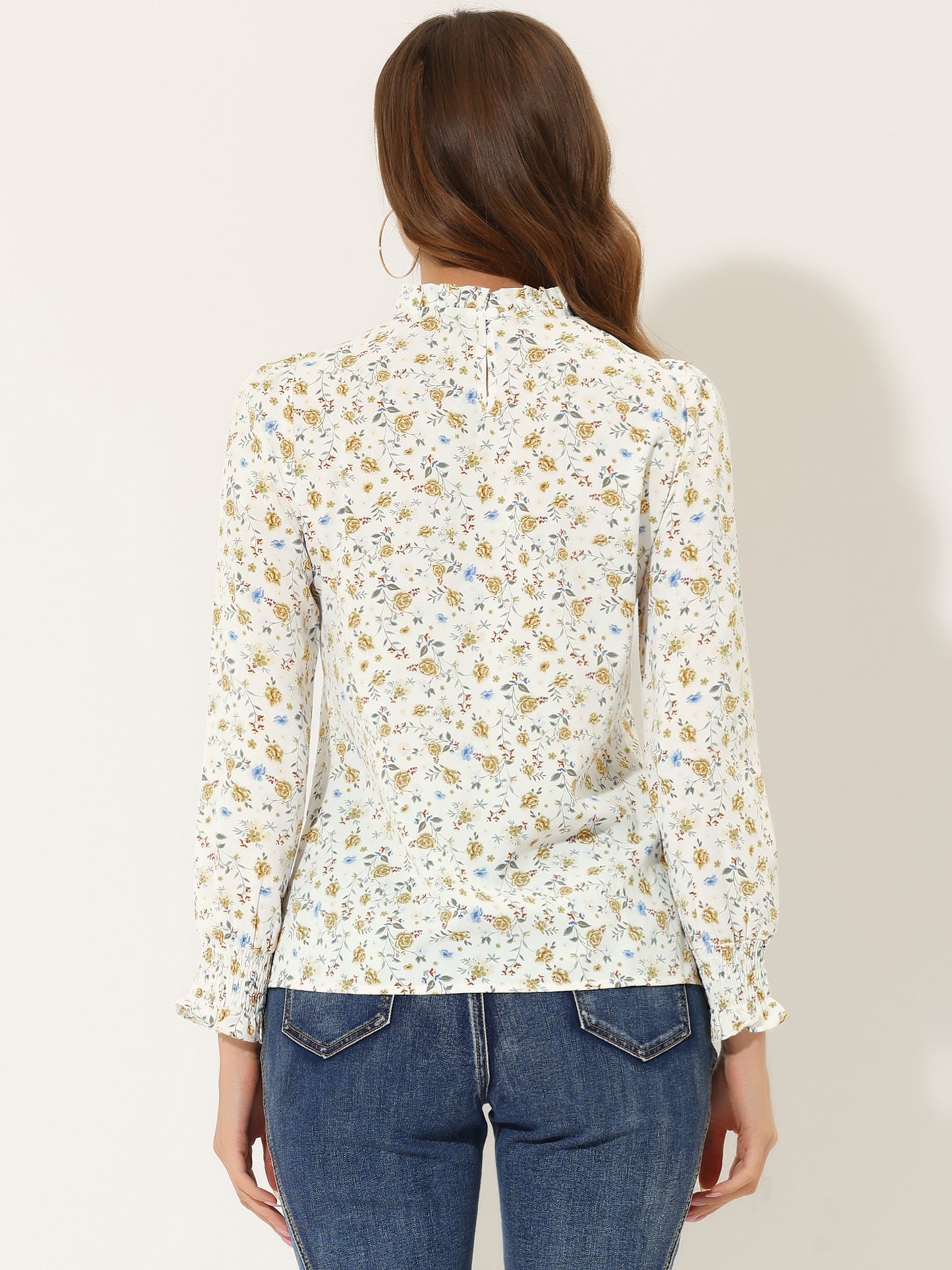 Women's Printed Ruffled Mock Neck Puff Long Sleeve Blouse Top