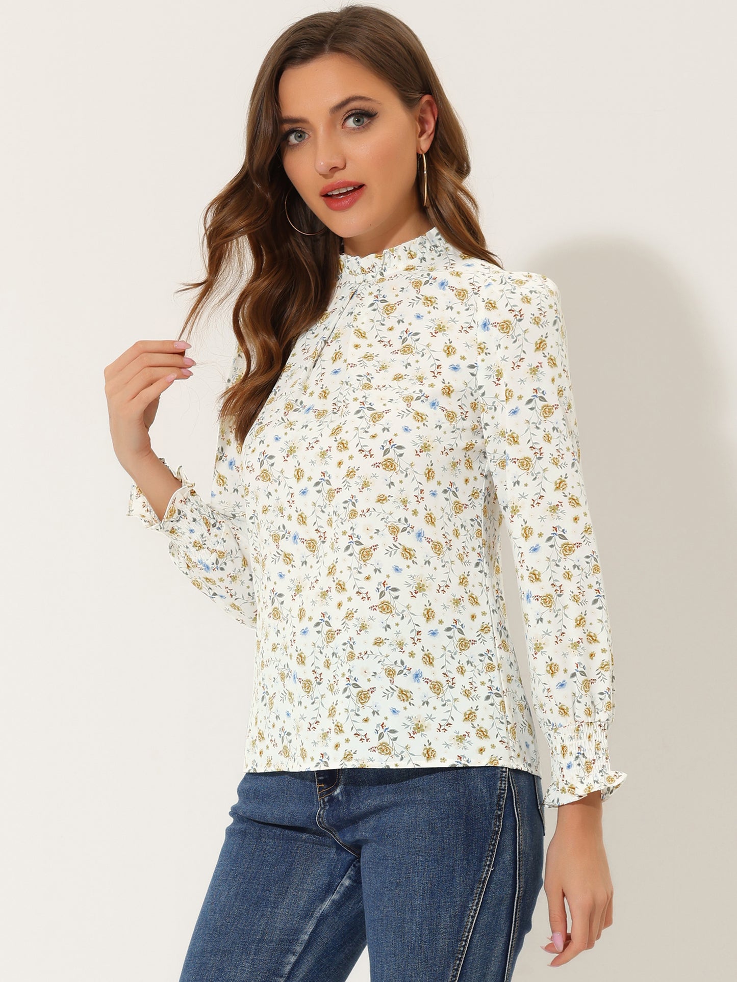 Women's Printed Ruffled Mock Neck Puff Long Sleeve Blouse Top