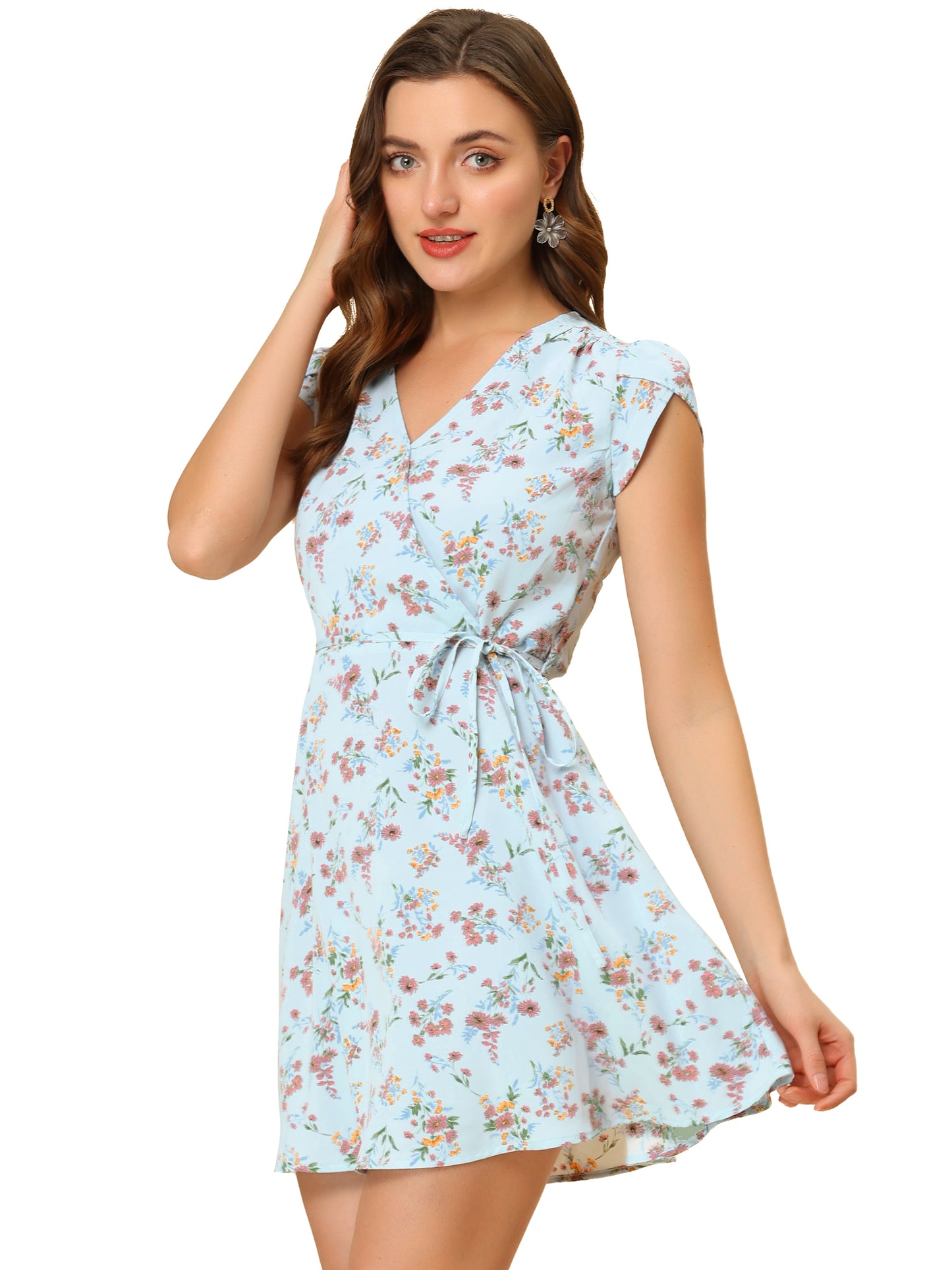 Women's Boho Crossover V Neck Petal Sleeves Belted Floral Flowy Dress