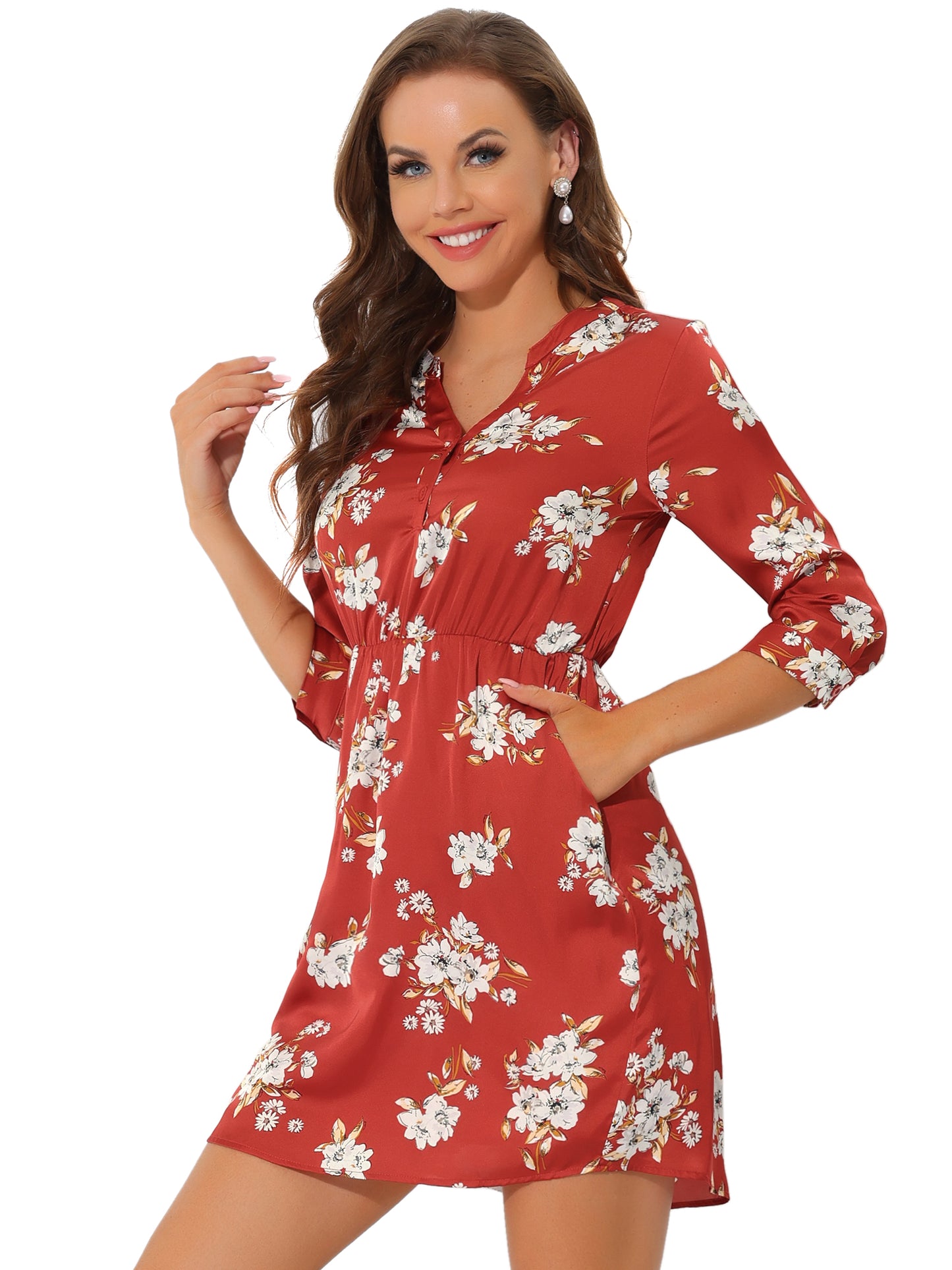 Women's Button-Up V Neck 3/4 Sleeves Floral Shirt Dress with Pockets