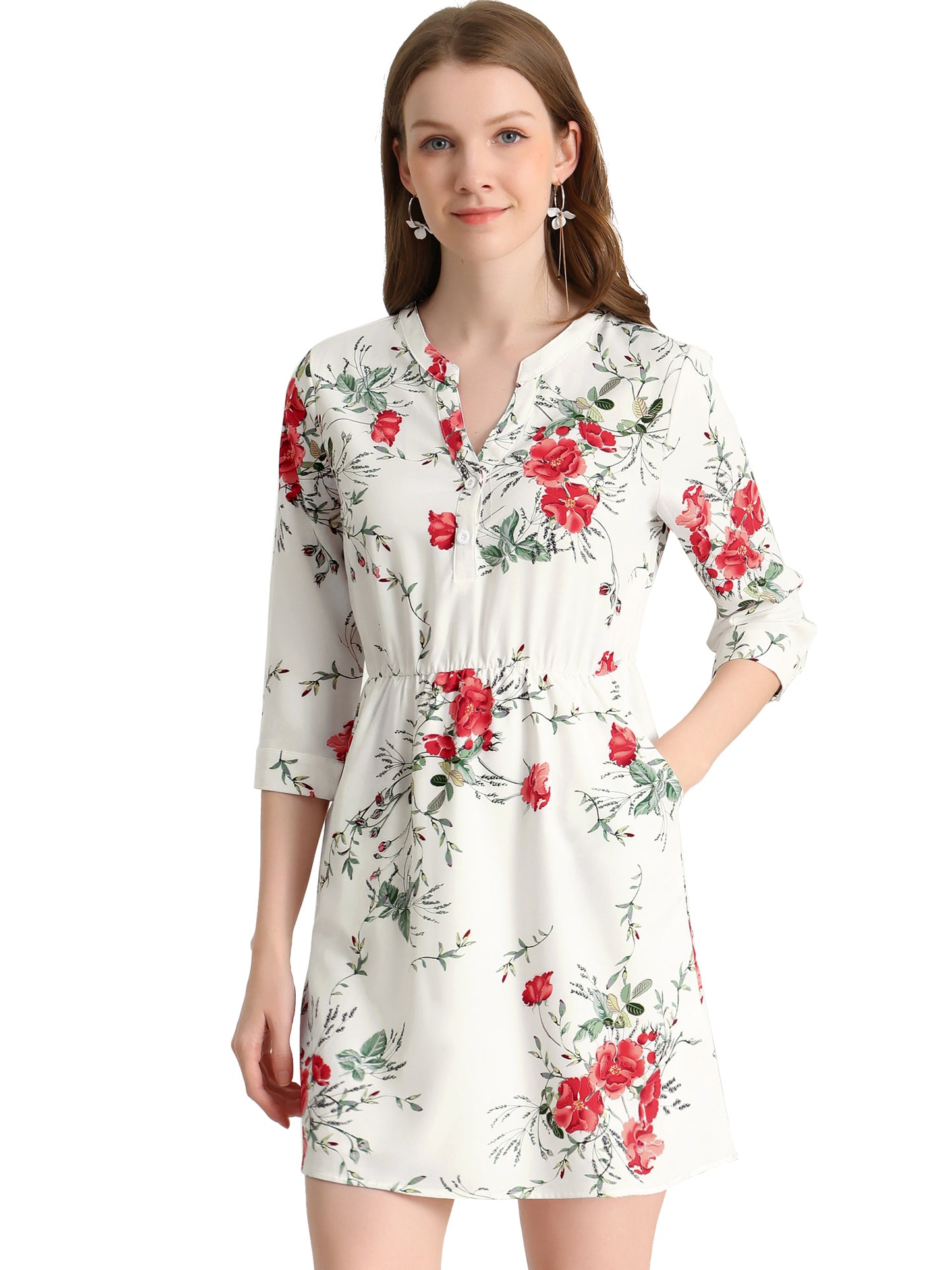 Women's Button-Up V Neck 3/4 Sleeves Floral Shirt Dress with Pockets