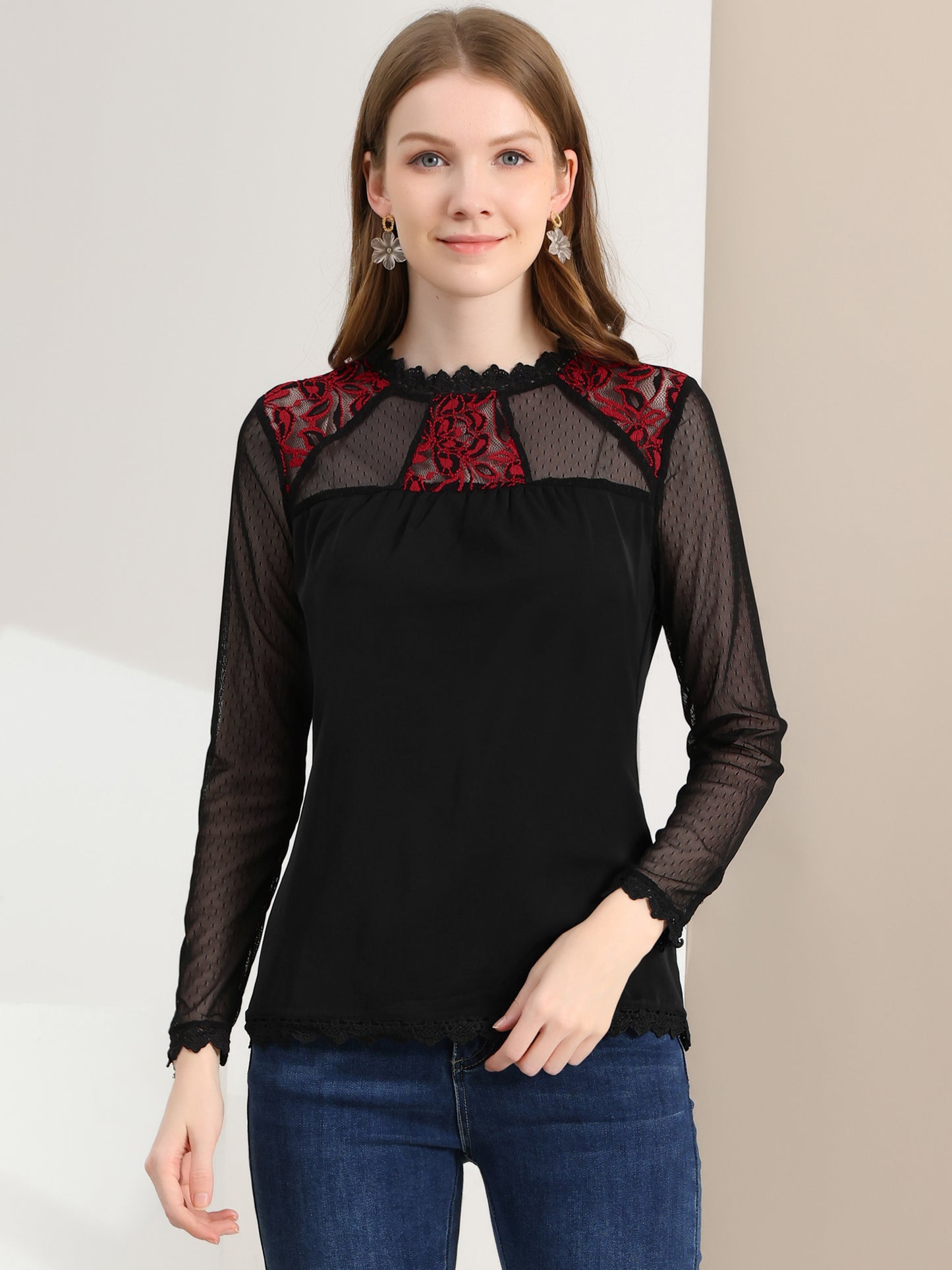 Women's Chiffon Top Elegant Sheer Mesh Lace Long Sleeve Blouse