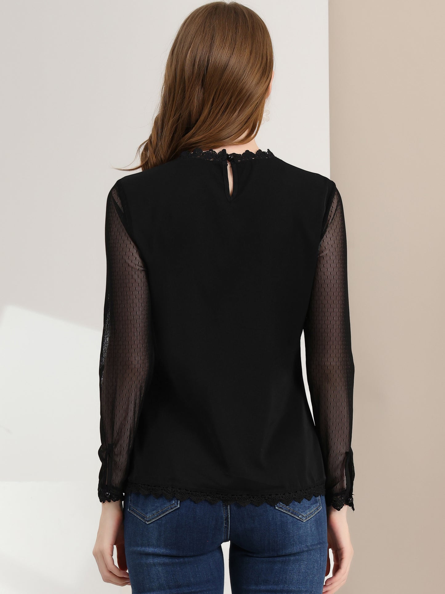 Women's Chiffon Top Elegant Sheer Mesh Lace Long Sleeve Blouse