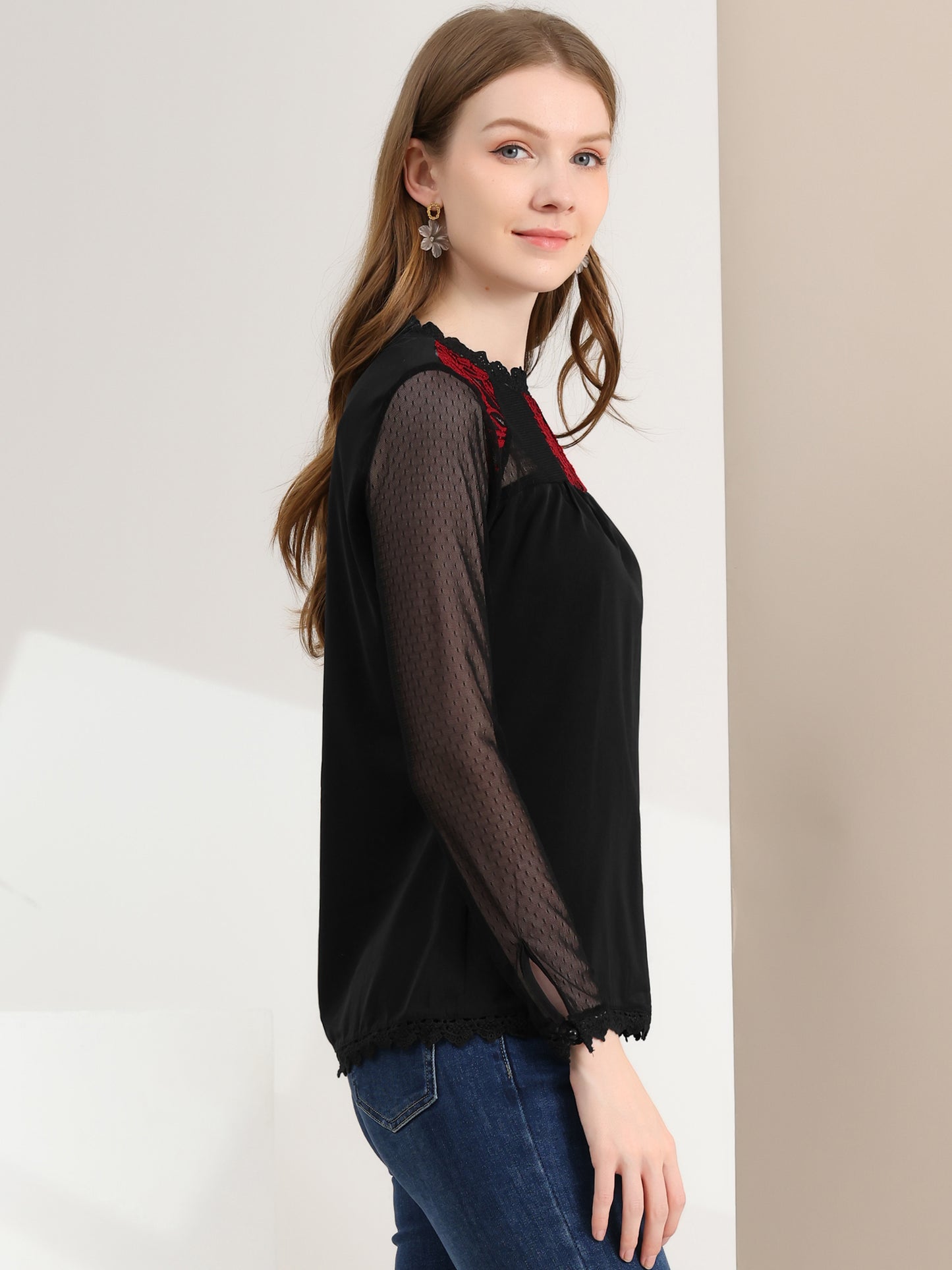 Women's Chiffon Top Elegant Sheer Mesh Lace Long Sleeve Blouse