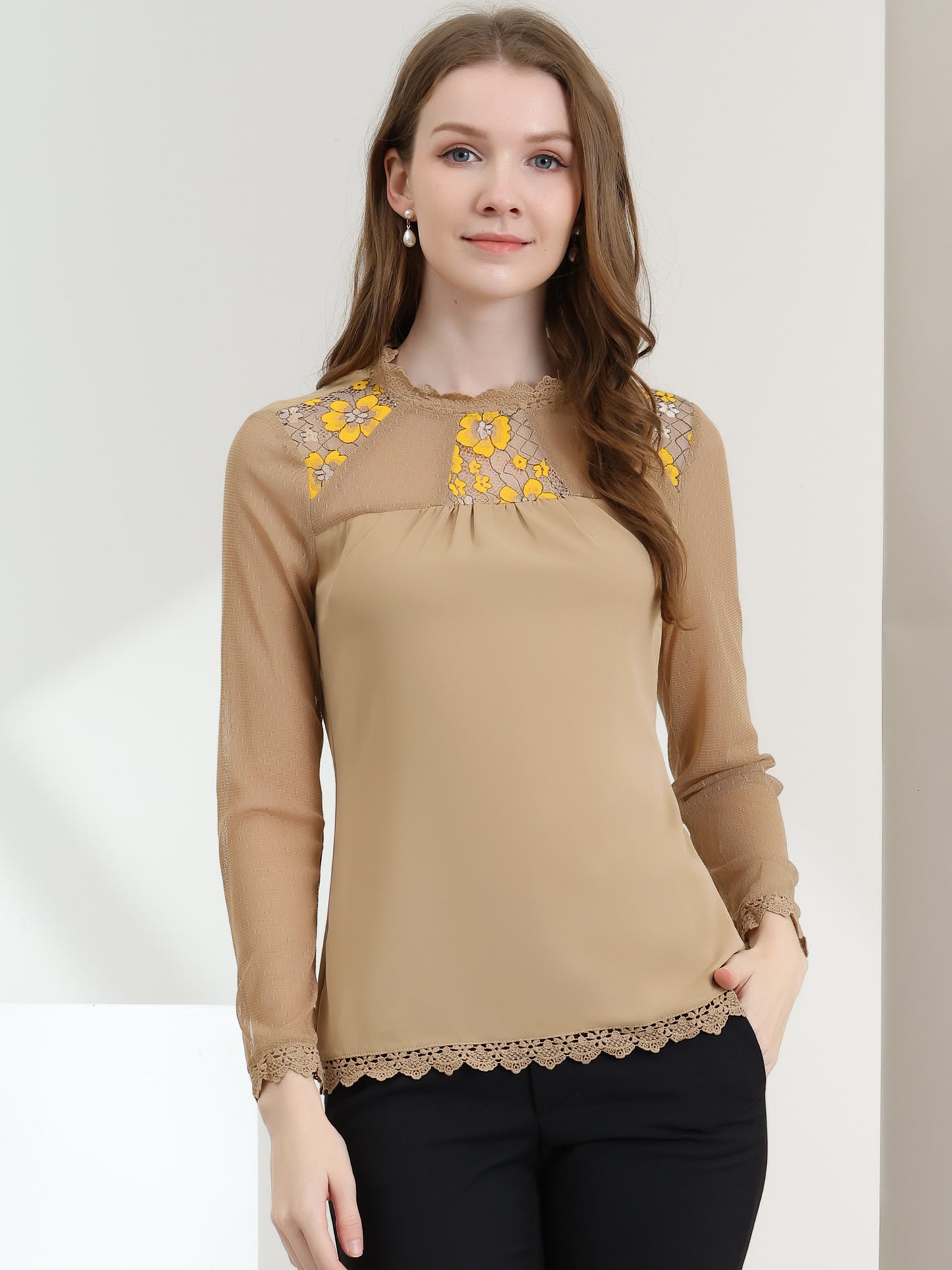 Women's Chiffon Top Elegant Sheer Mesh Lace Long Sleeve Blouse