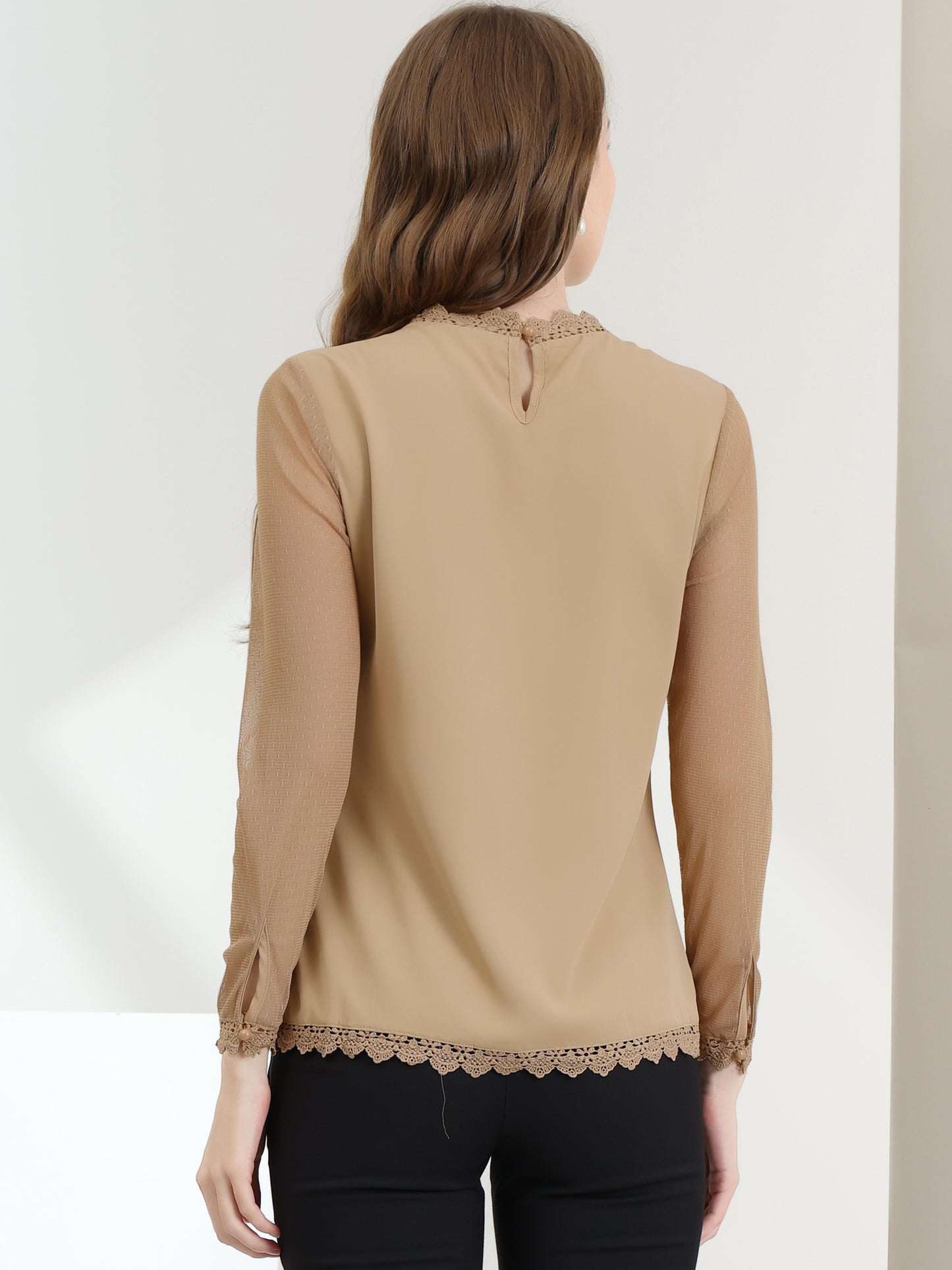 Women's Chiffon Top Elegant Sheer Mesh Lace Long Sleeve Blouse