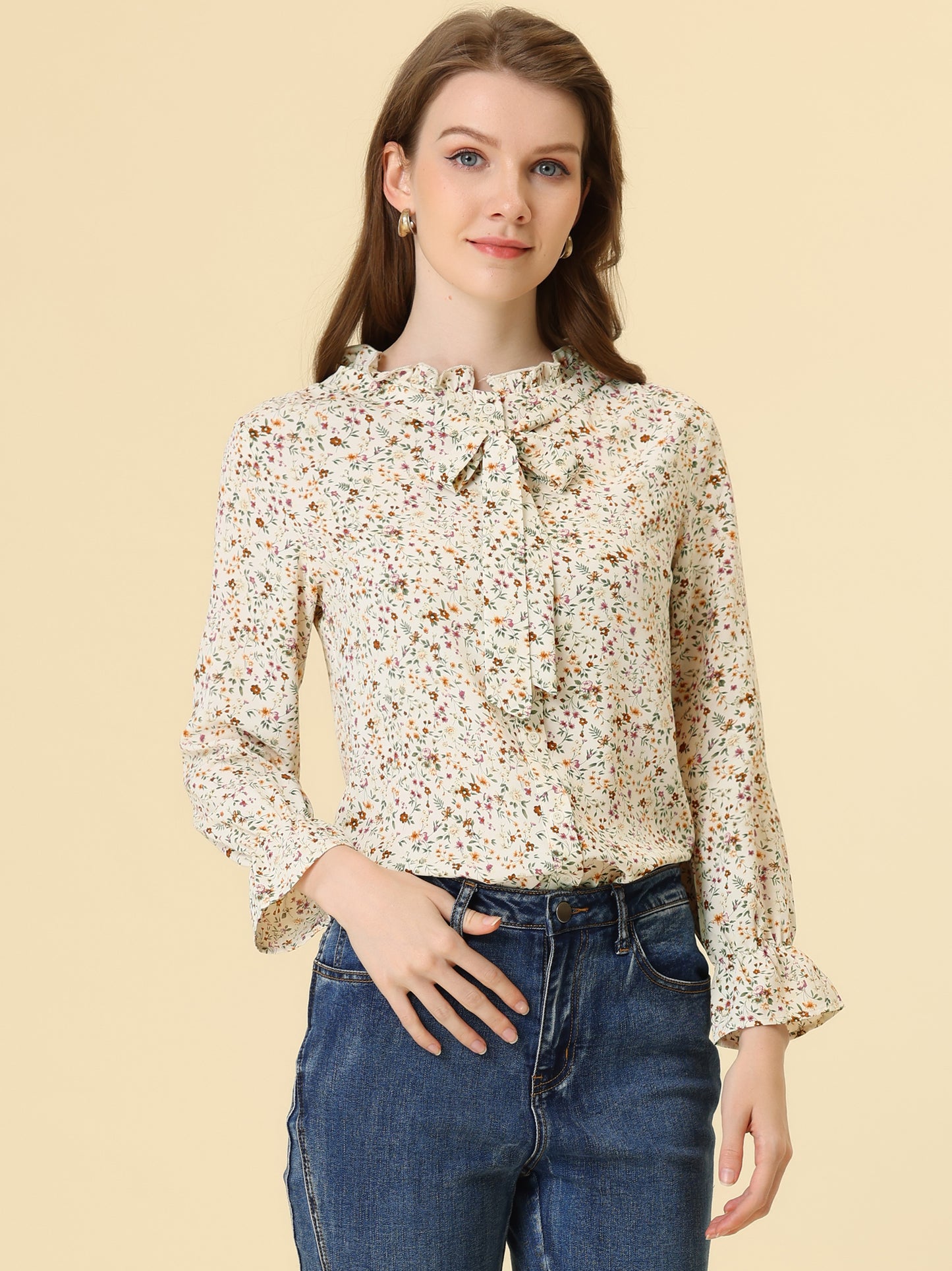 Women's Floral Bow Tie Neck Button Up Ruffled Collar Casual Blouse