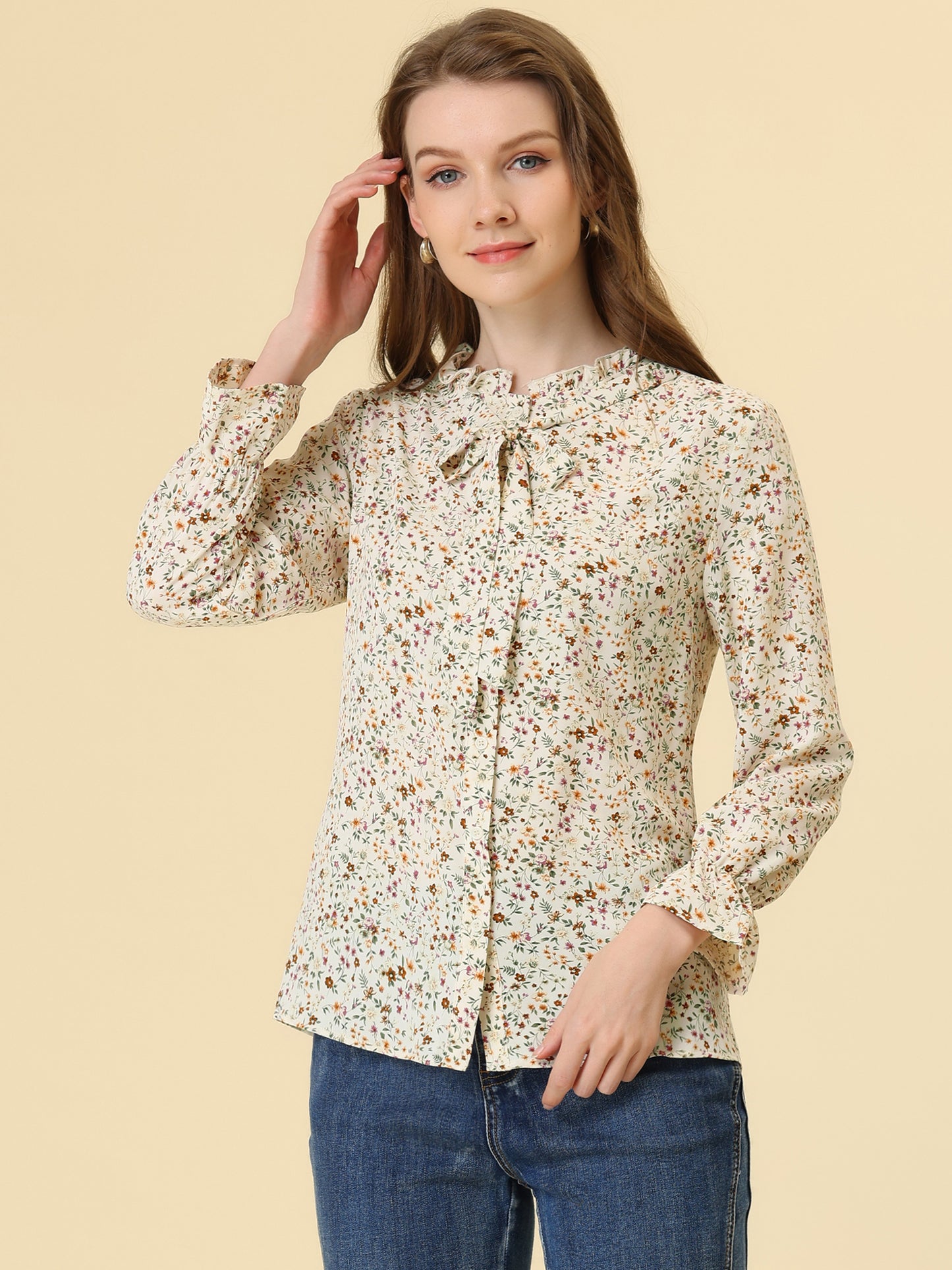Women's Floral Bow Tie Neck Button Up Ruffled Collar Casual Blouse
