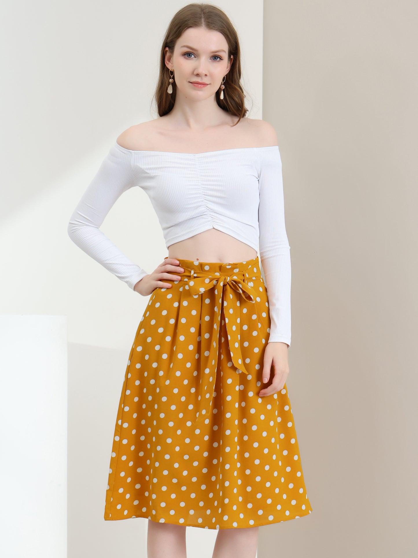 Women's Retro Belted Elastic High Waist A-Line Printed Midi Skirt