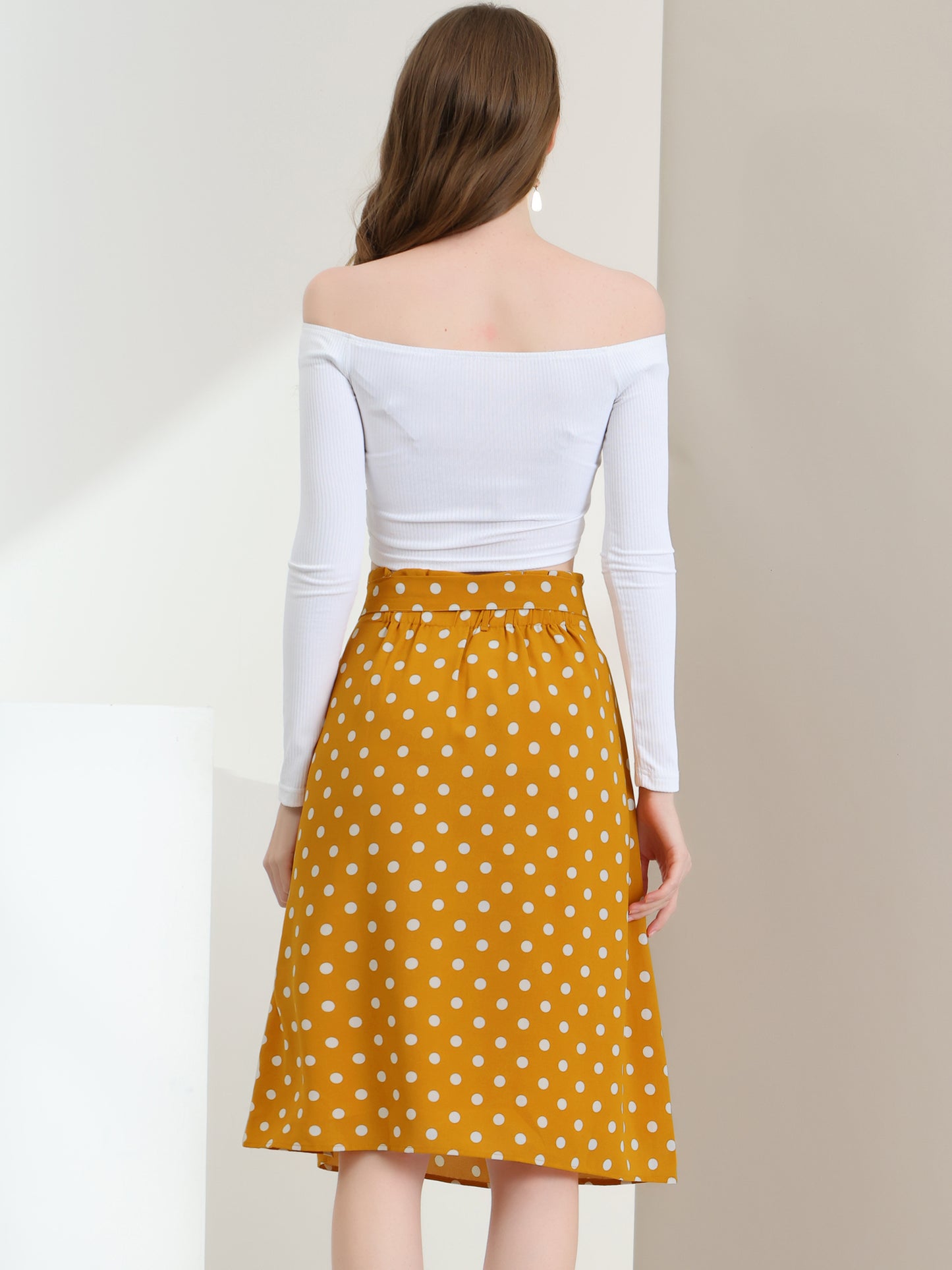 Women's Retro Belted Elastic High Waist A-Line Printed Midi Skirt