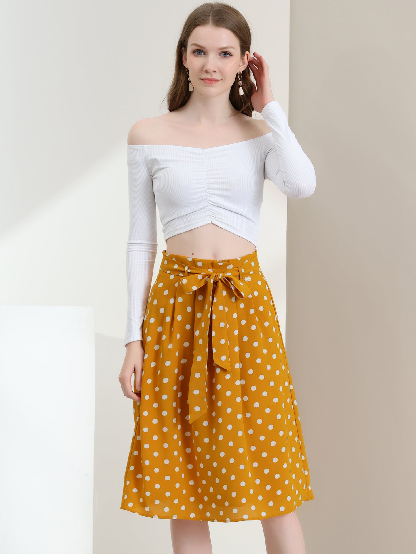 Women's Retro Belted Elastic High Waist A-Line Printed Midi Skirt