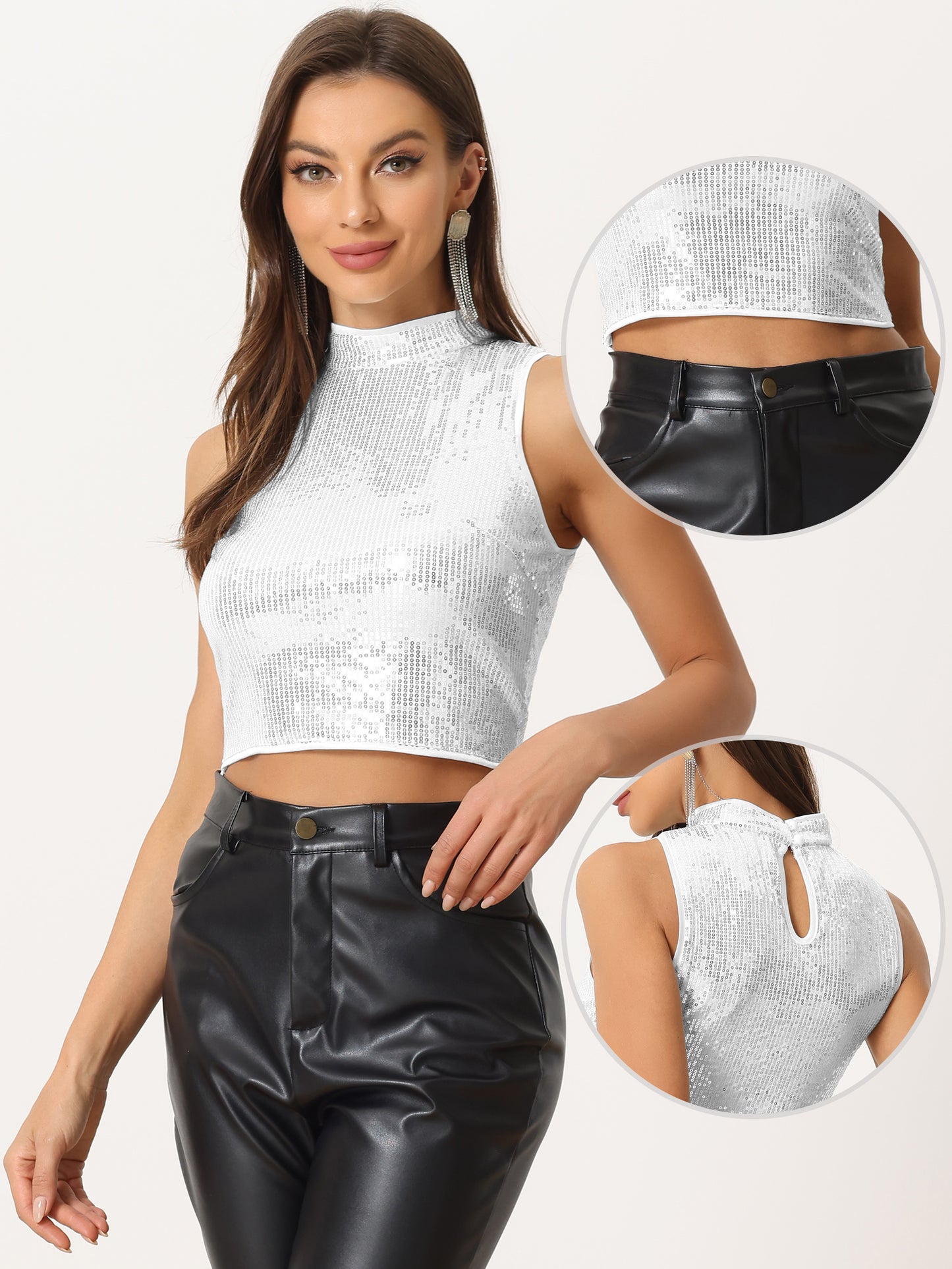 Women's Metallic Crop Top Sleeveless Holographic Sparkly Sequin Tops