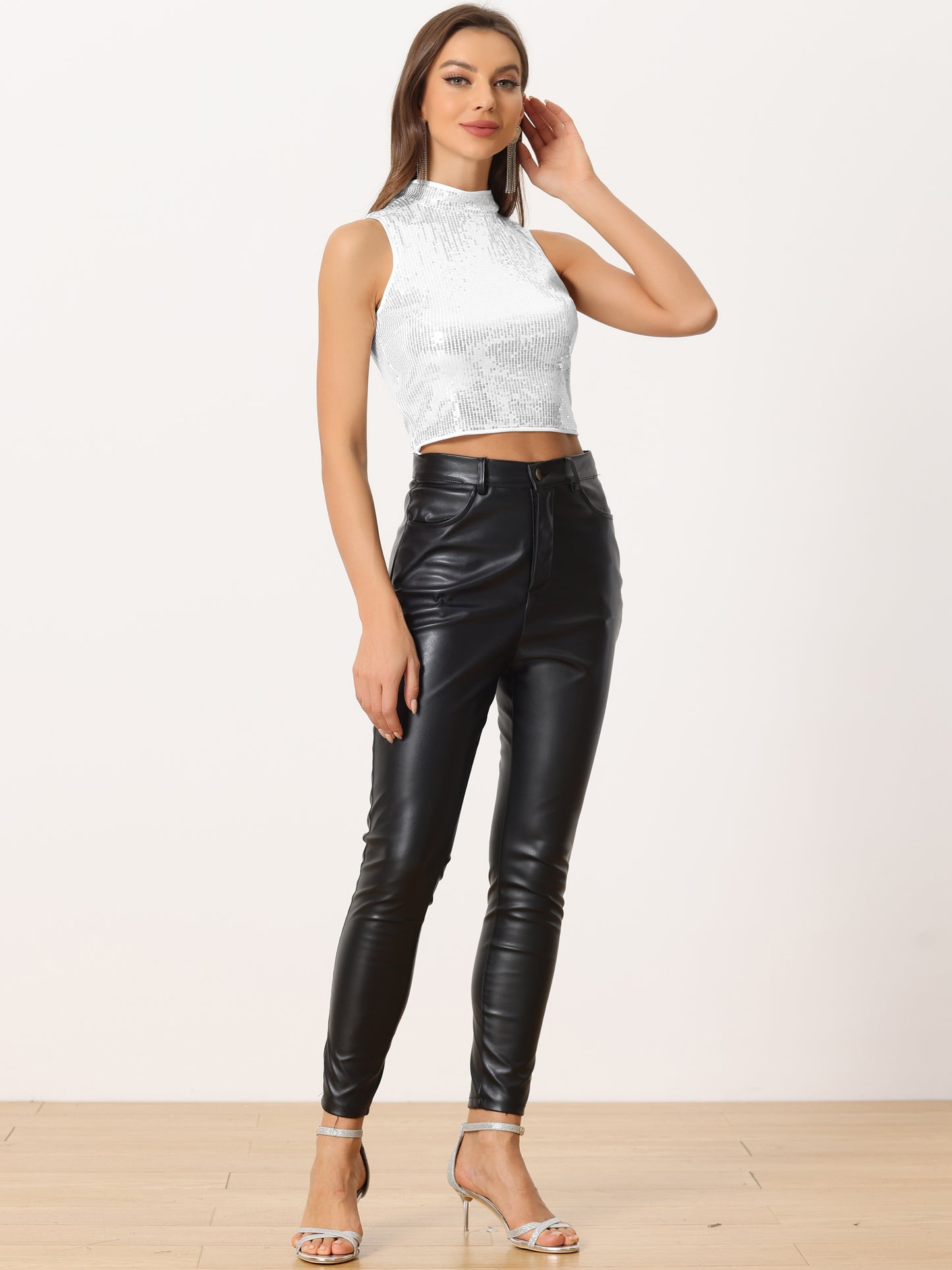 Women's Metallic Crop Top Sleeveless Holographic Sparkly Sequin Tops
