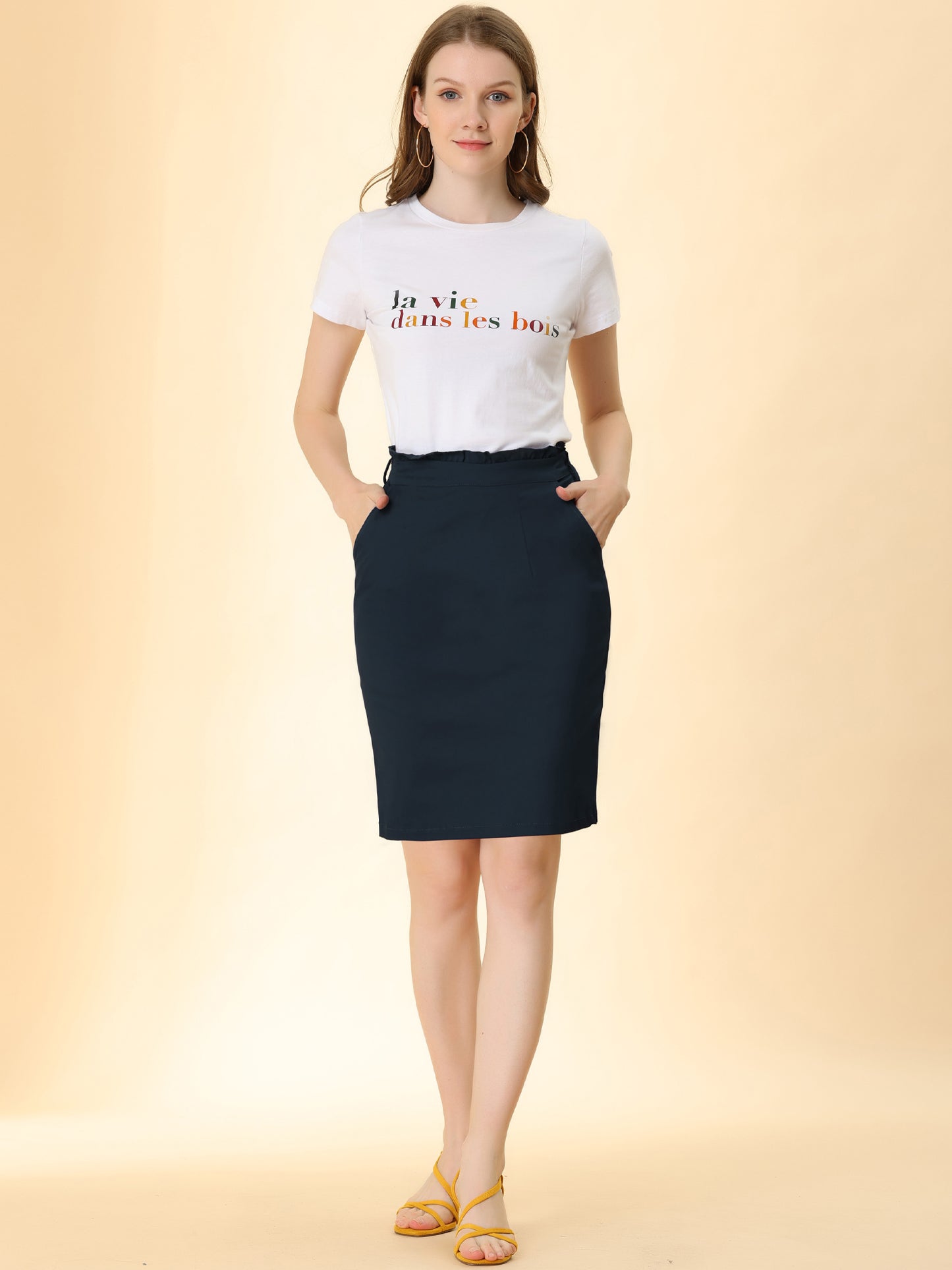 Women's Workwear Paperbag Elastic Waist Side Pockets Cotton Pencil Skirt