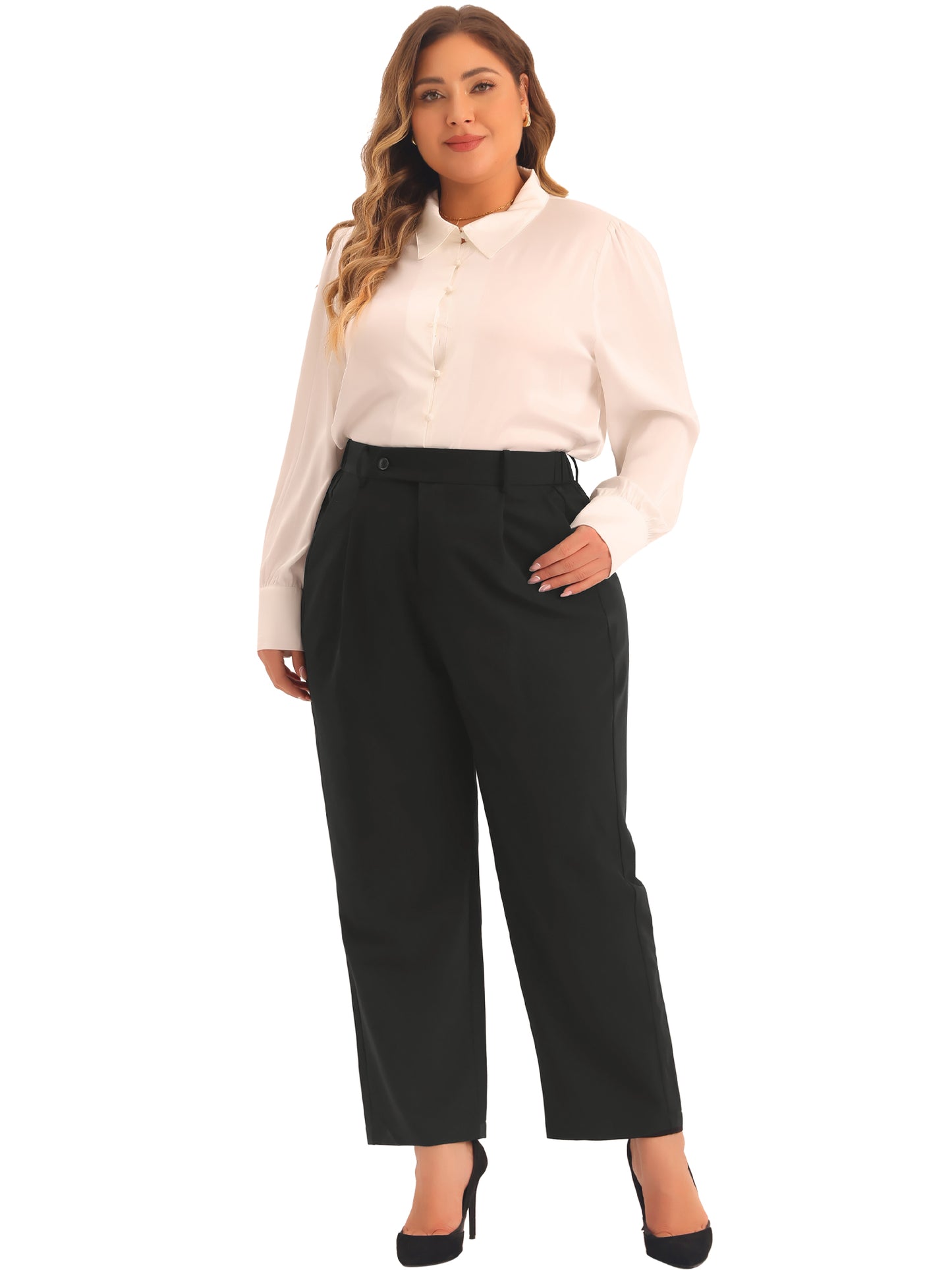 Women Plus Size Pants Elastic High Waisted Long Straight Business Casual Work Pants Trousers with Pockets