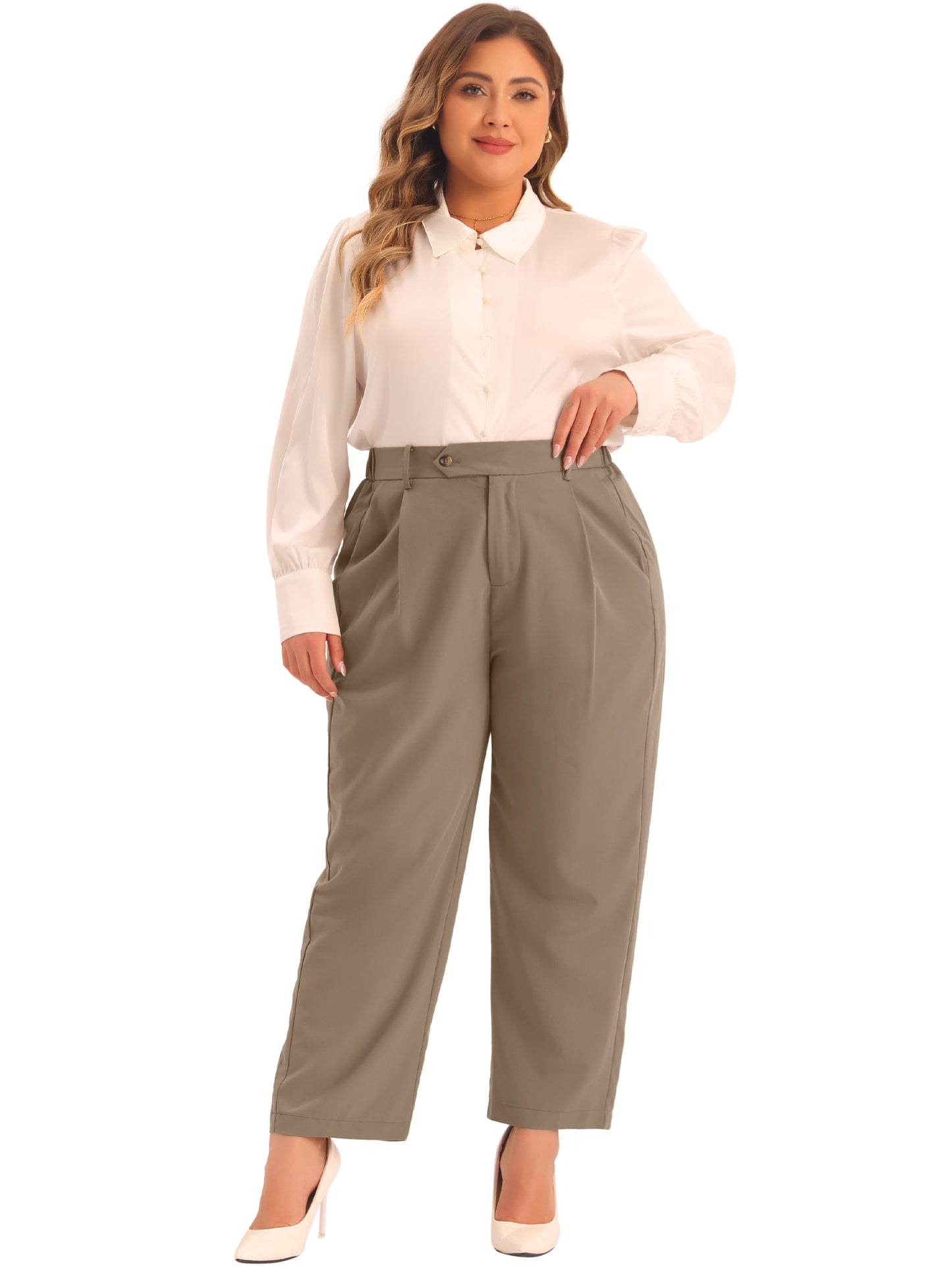 Women Plus Size Pants Elastic High Waisted Long Straight Business Casual Work Pants Trousers with Pockets