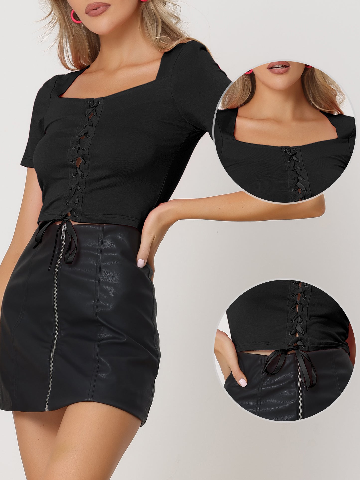 Women's Lace Up Top Square Neck Short Sleeve Casual Crop Tee