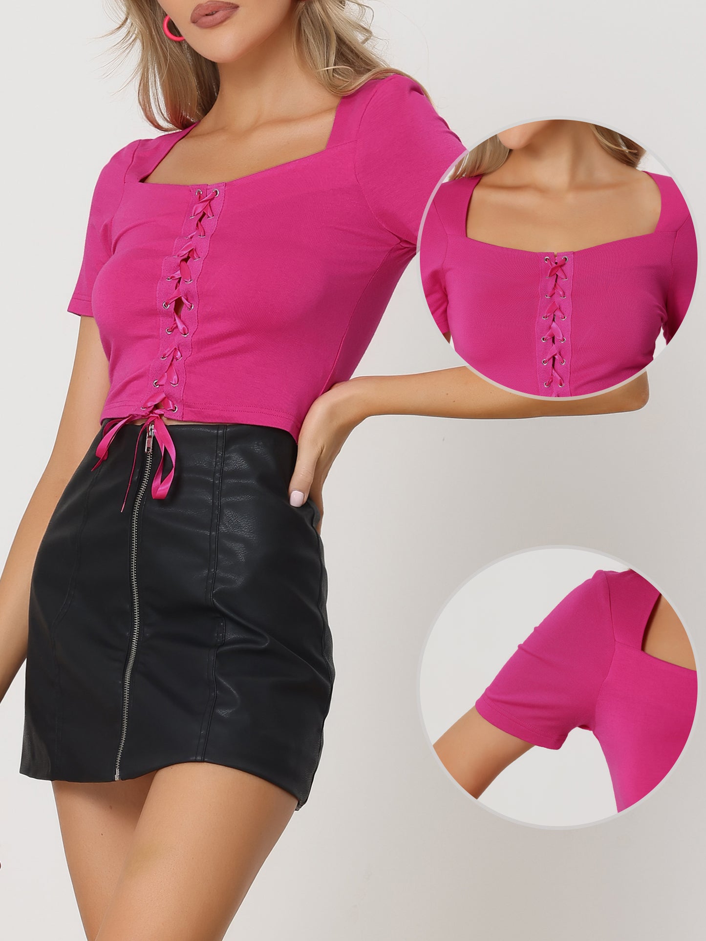Women's Lace Up Top Square Neck Short Sleeve Casual Crop Tee