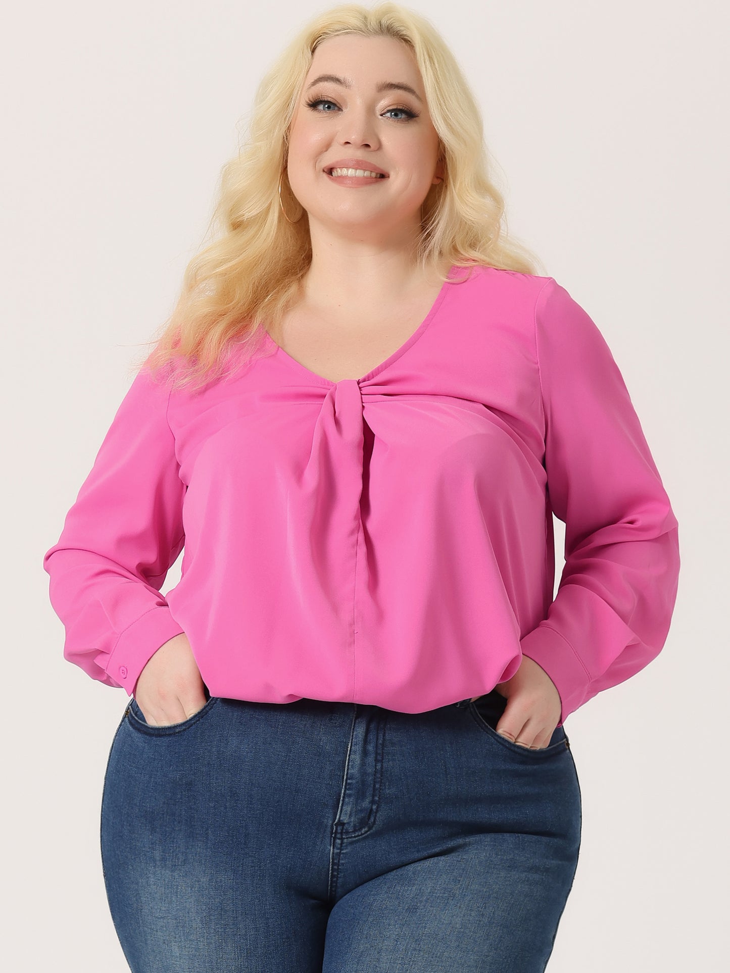 Women's Plus Size Blouses V Neck Twist Knot Button Long Sleeve Top