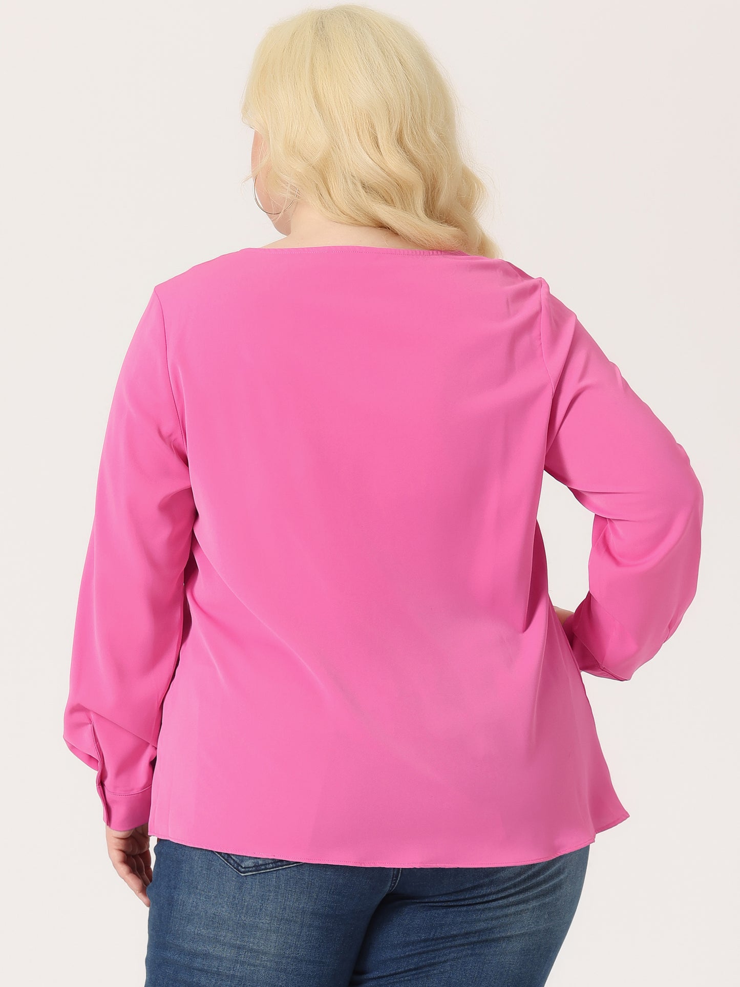 Women's Plus Size Blouses V Neck Twist Knot Button Long Sleeve Top