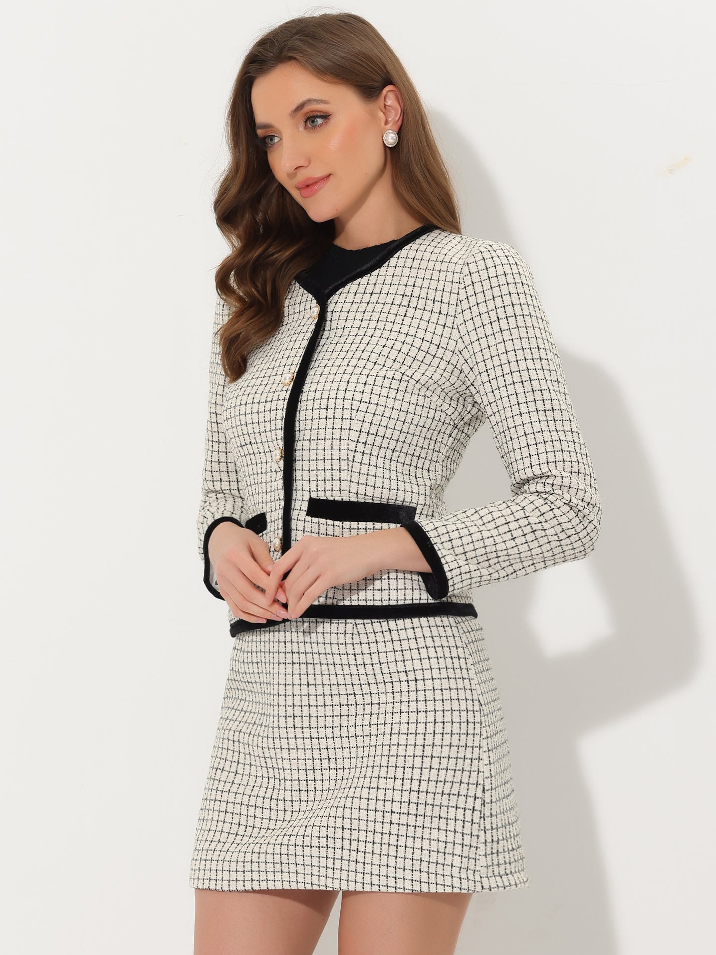 Women's 2 Piece Plaid Tweed Short Blazer Jacket and Skirt Business Suit Set