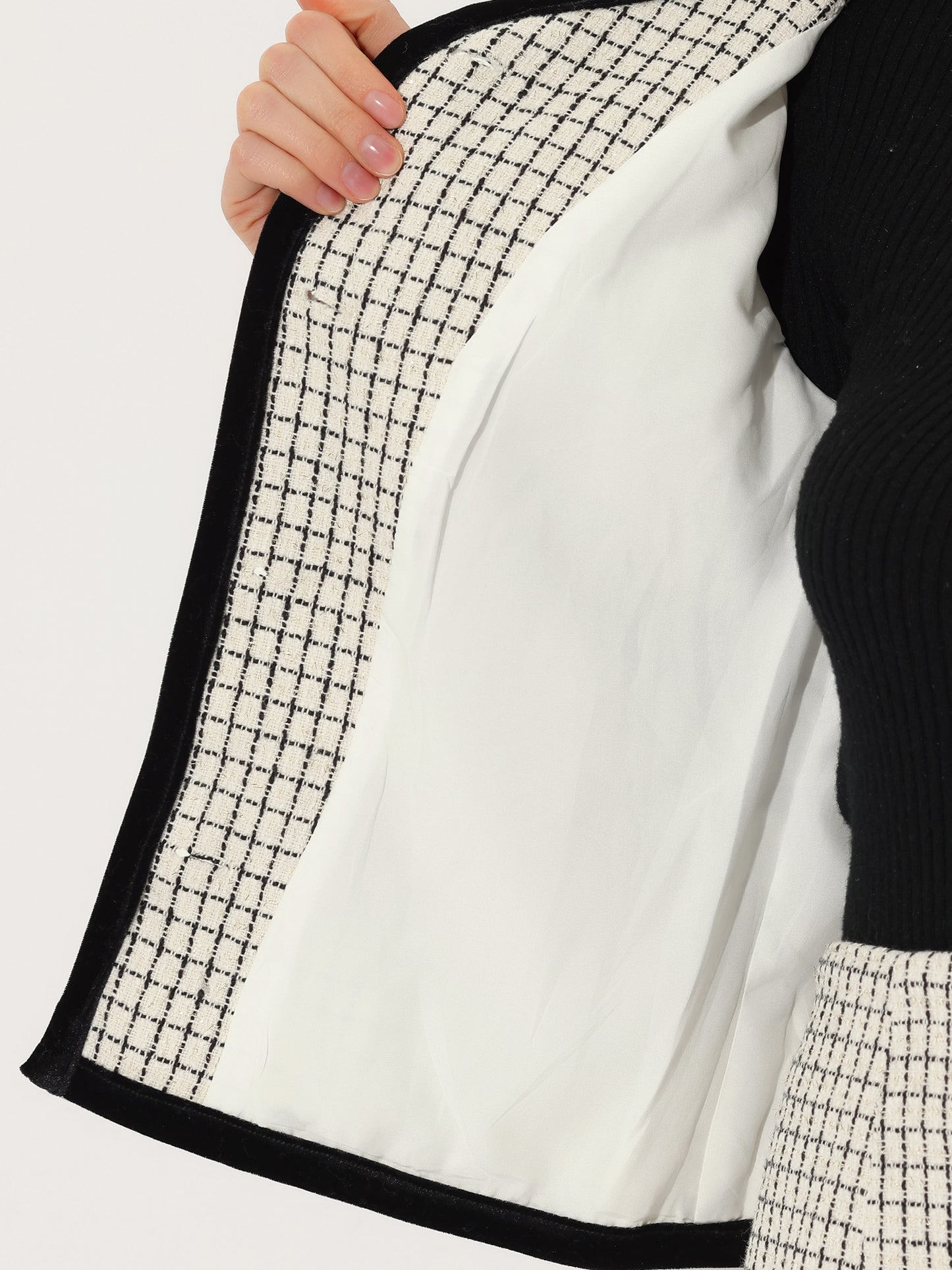 Women's 2 Piece Plaid Tweed Short Blazer Jacket and Skirt Business Suit Set