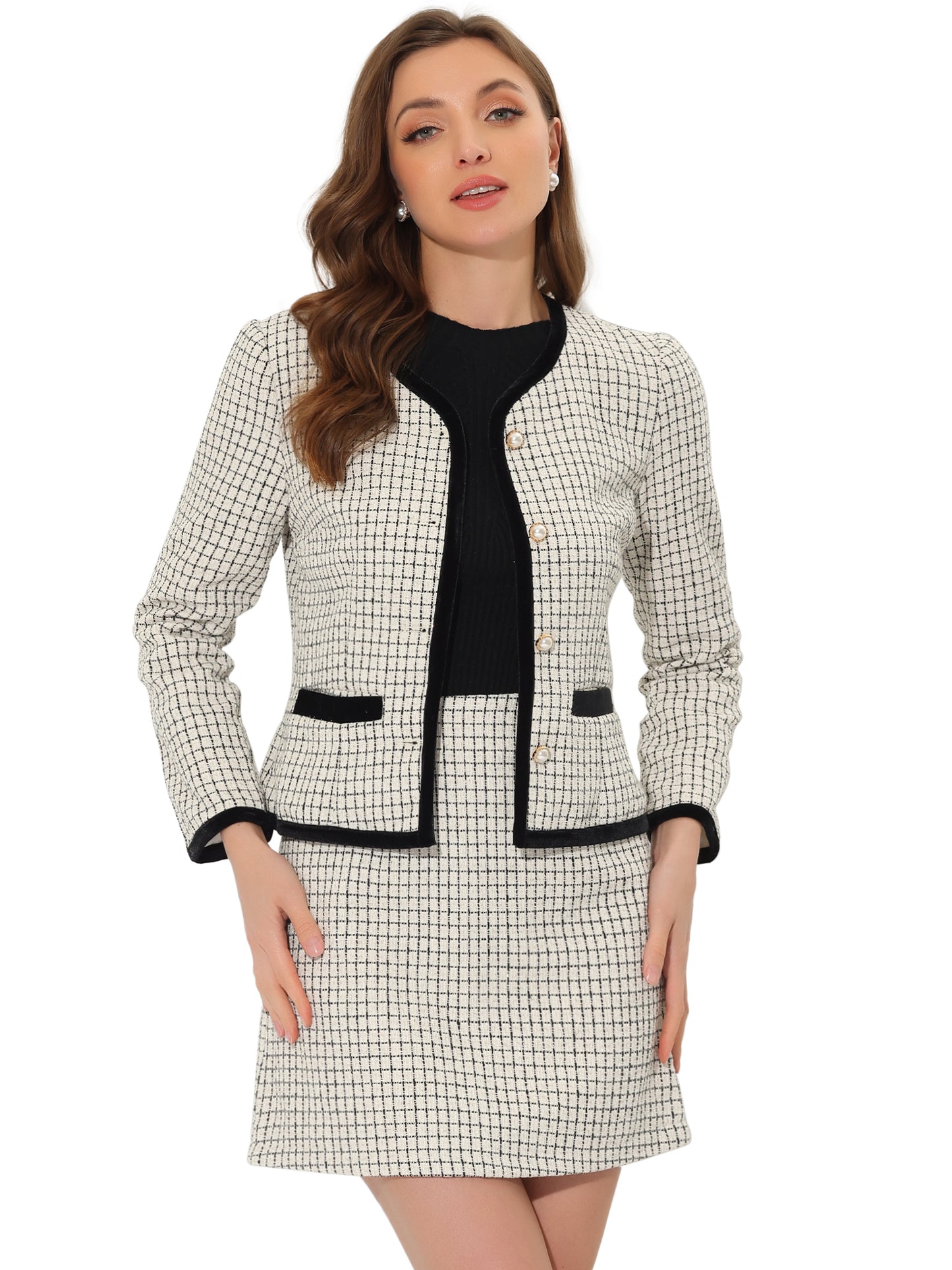 Women's 2 Piece Plaid Tweed Short Blazer Jacket and Skirt Business Suit Set