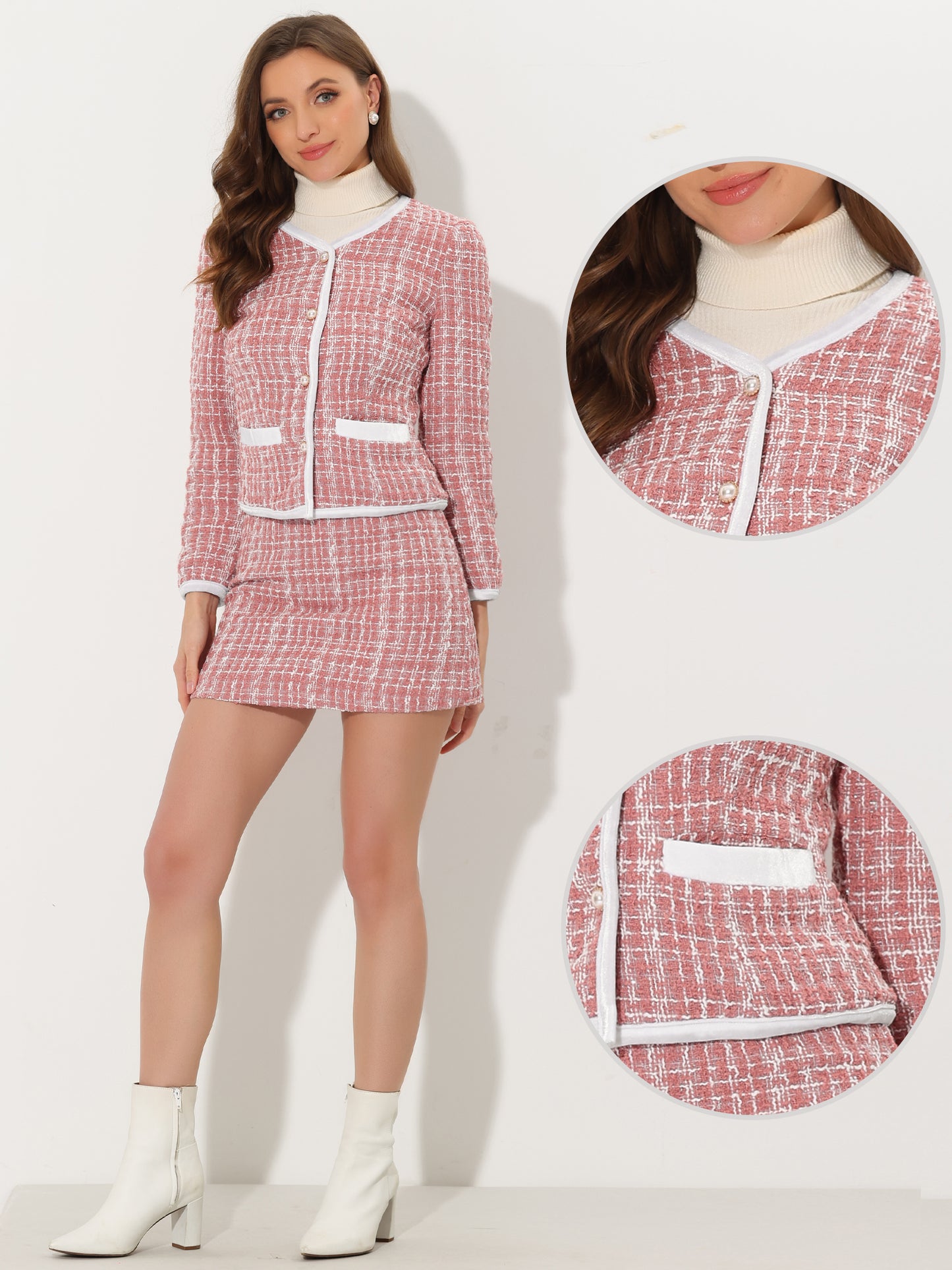 Women's 2 Piece Plaid Tweed Short Blazer Jacket and Skirt Business Suit Set