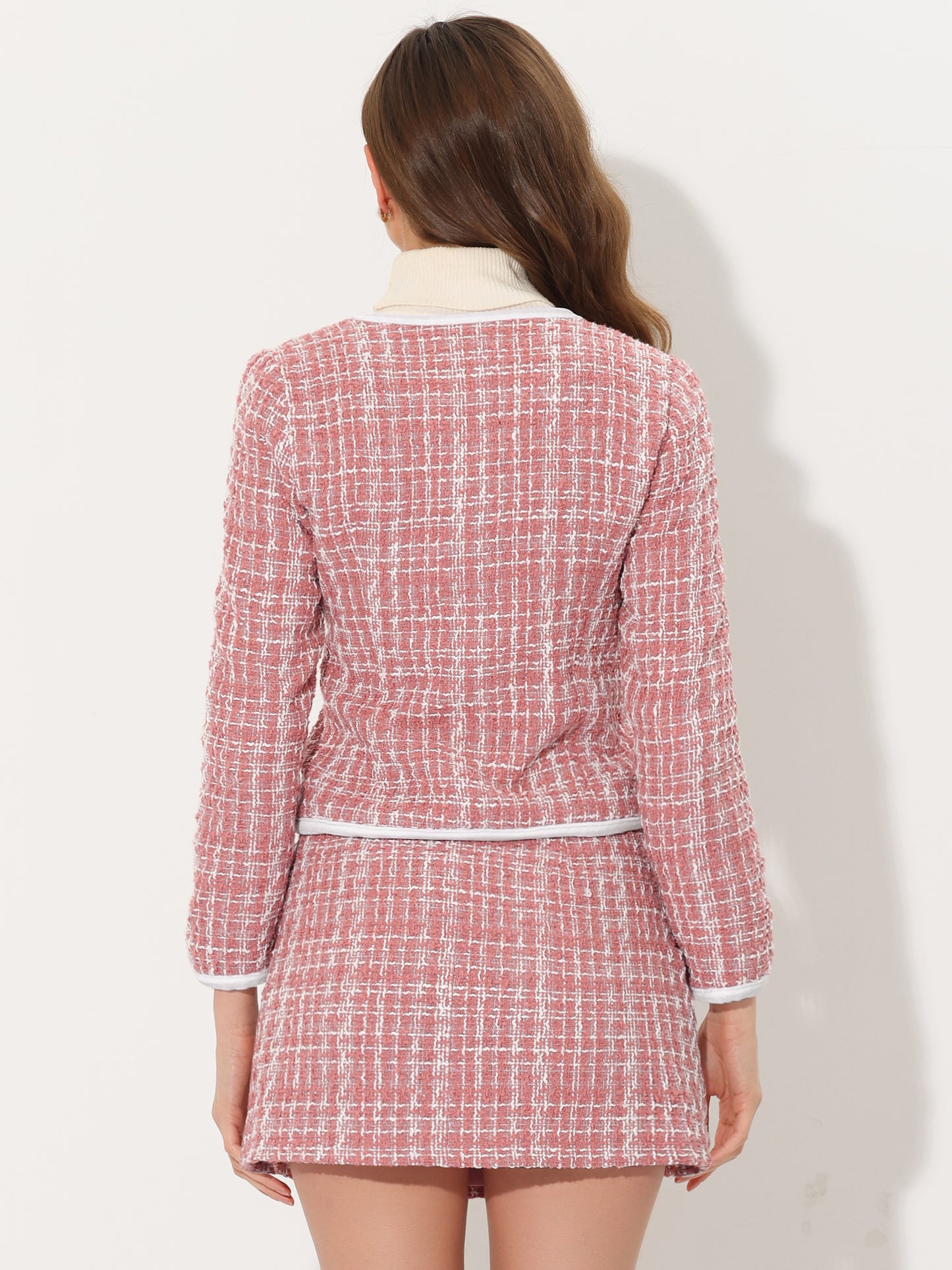Women's 2 Piece Plaid Tweed Short Blazer Jacket and Skirt Business Suit Set