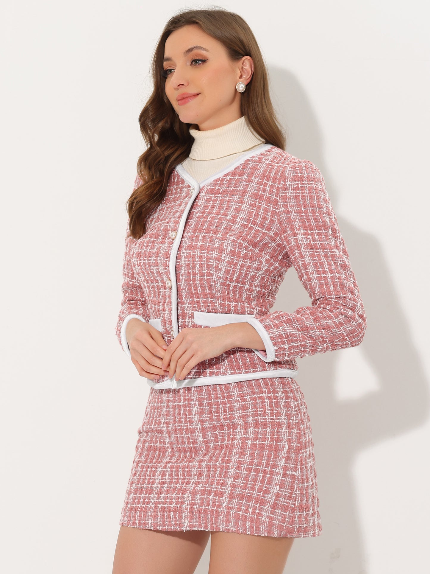 Women's 2 Piece Plaid Tweed Short Blazer Jacket and Skirt Business Suit Set