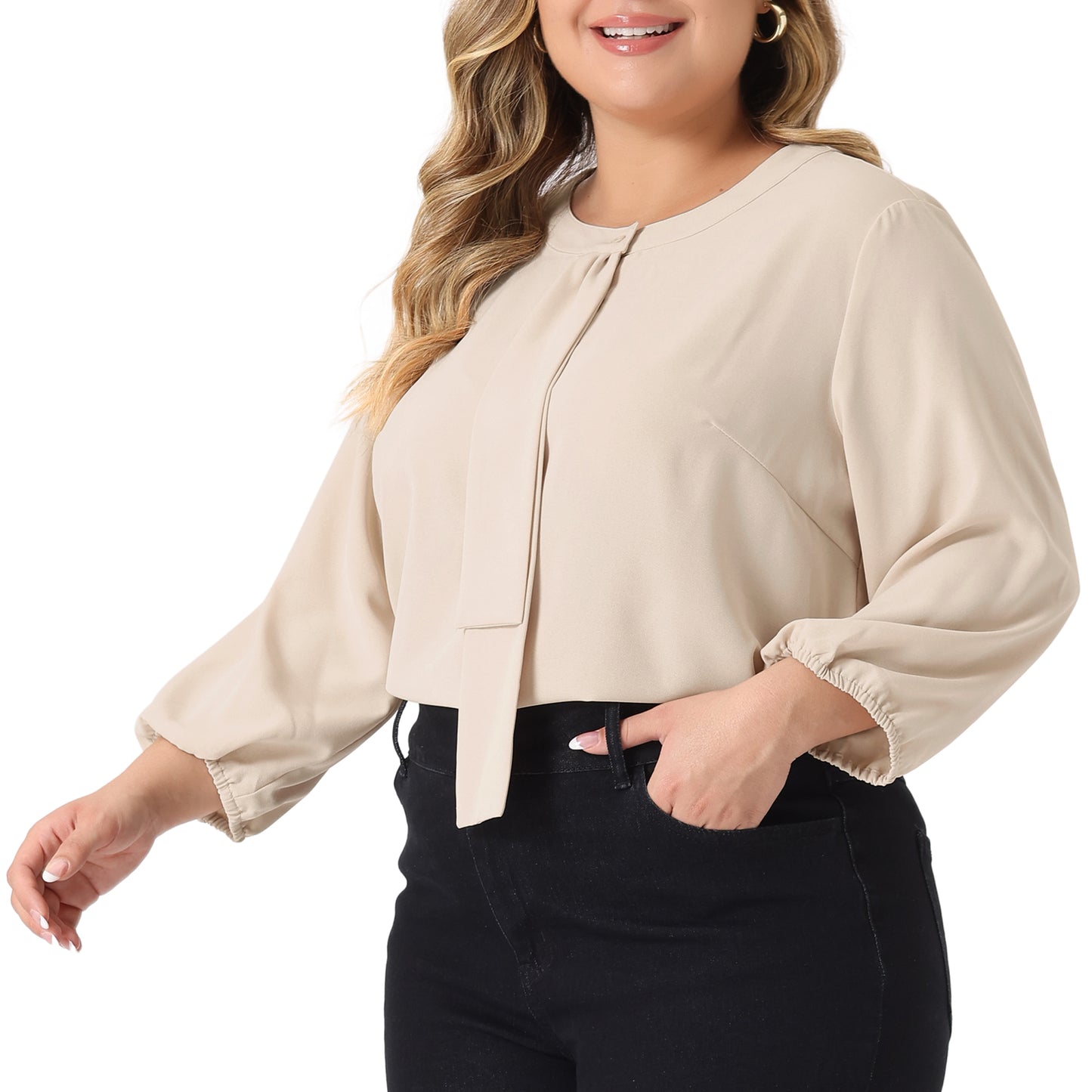 Women Plus Size Top 3/4 Sleeve Work Office Tie Front Ruffle Chiffon Blouse