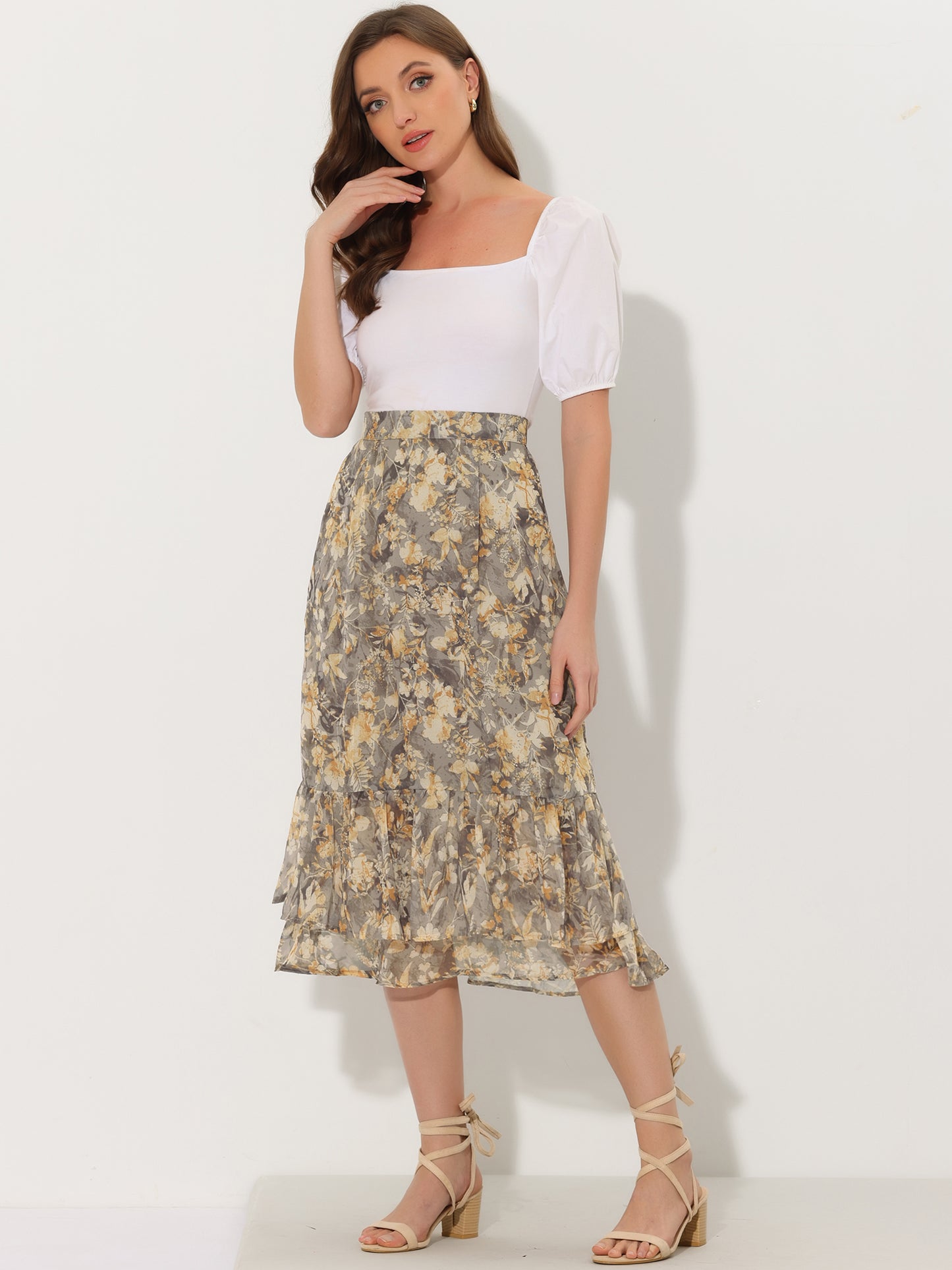 Women's Printed Skirt Summer Chiffon Ruffle Tiered Flowy Midi Skirt