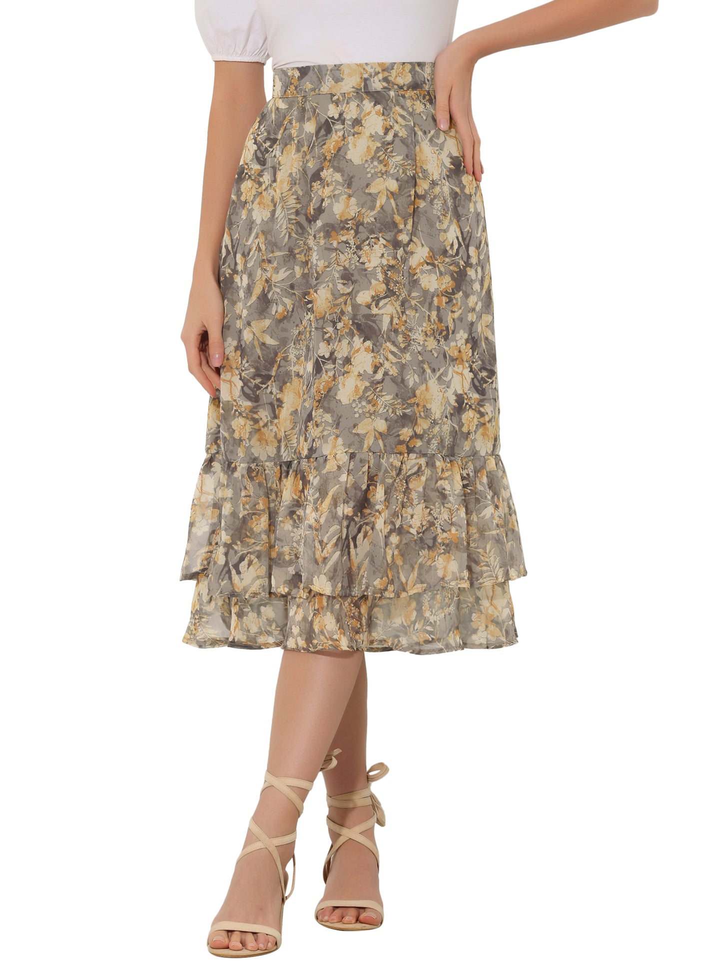 Women's Printed Skirt Summer Chiffon Ruffle Tiered Flowy Midi Skirt