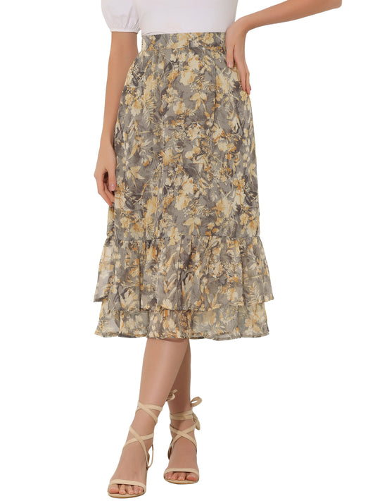 Women's Printed Skirt Summer Chiffon Ruffle Tiered Flowy Midi Skirt