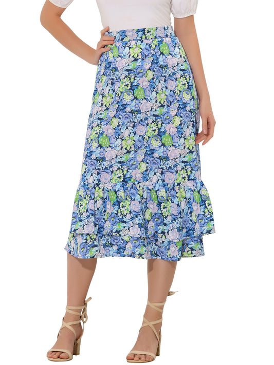 Women's Printed Skirt Summer Chiffon Ruffle Tiered Flowy Midi Skirt