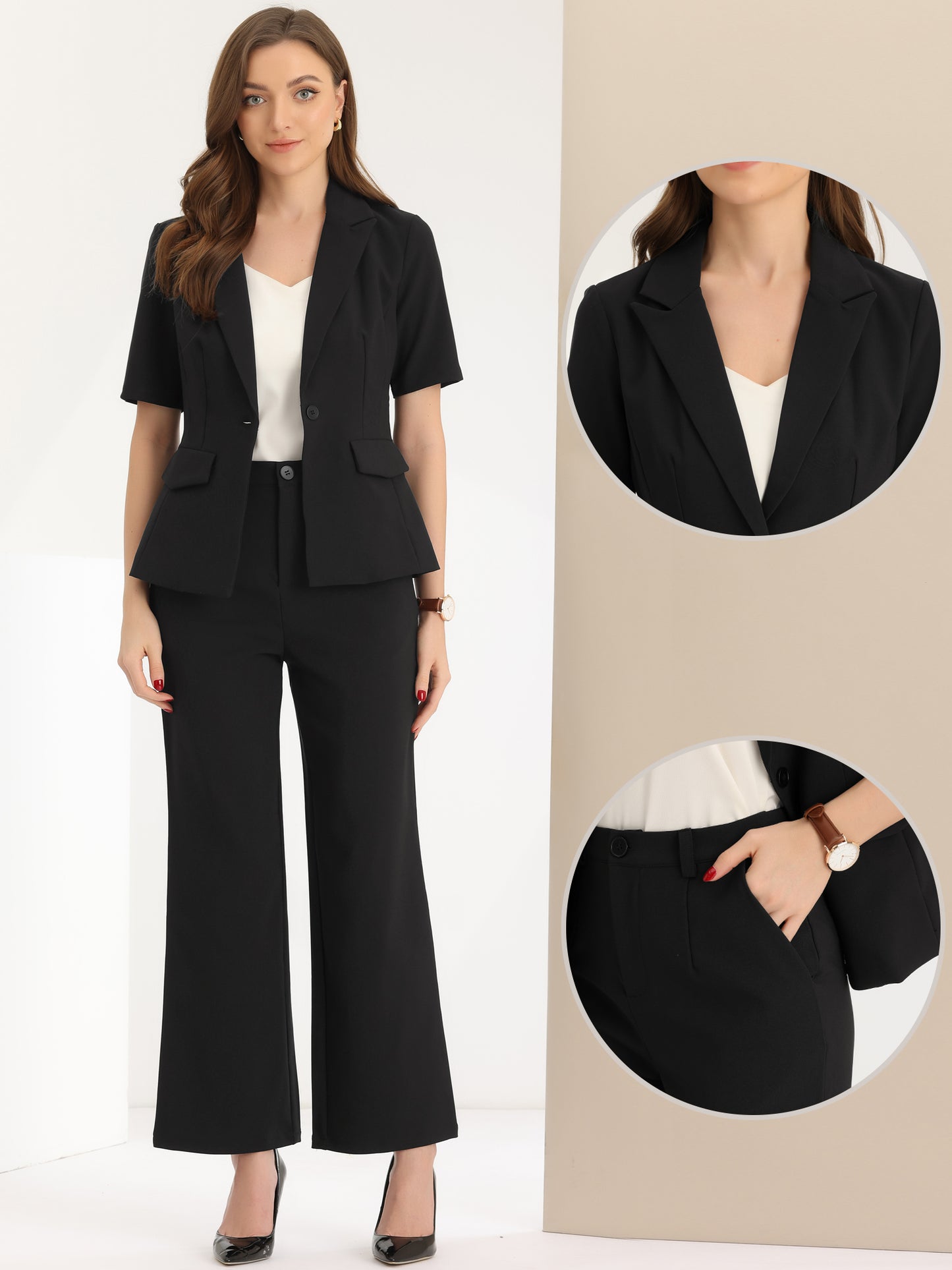 Women Business Work 2 Piece Short Sleeve Blazer Pant Suit Set