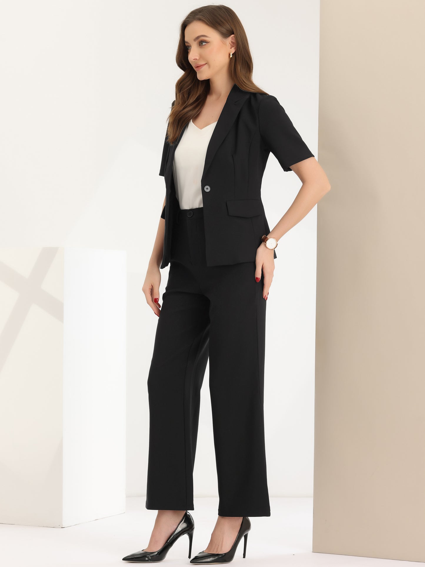 Women Business Work 2 Piece Short Sleeve Blazer Pant Suit Set