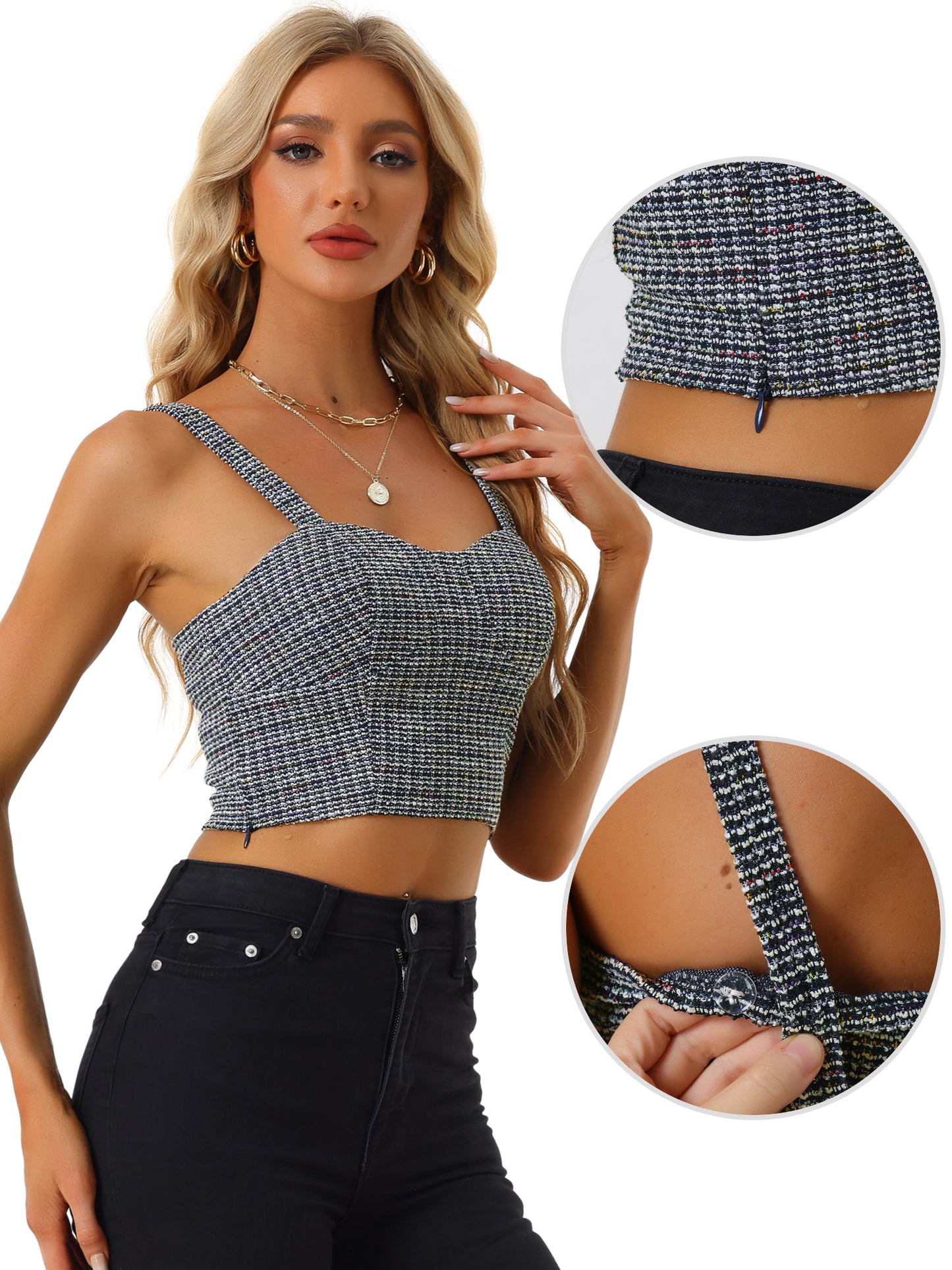 Women's Tweed Sleeveless Sweetheart Neck Corset Plaid Crop Top