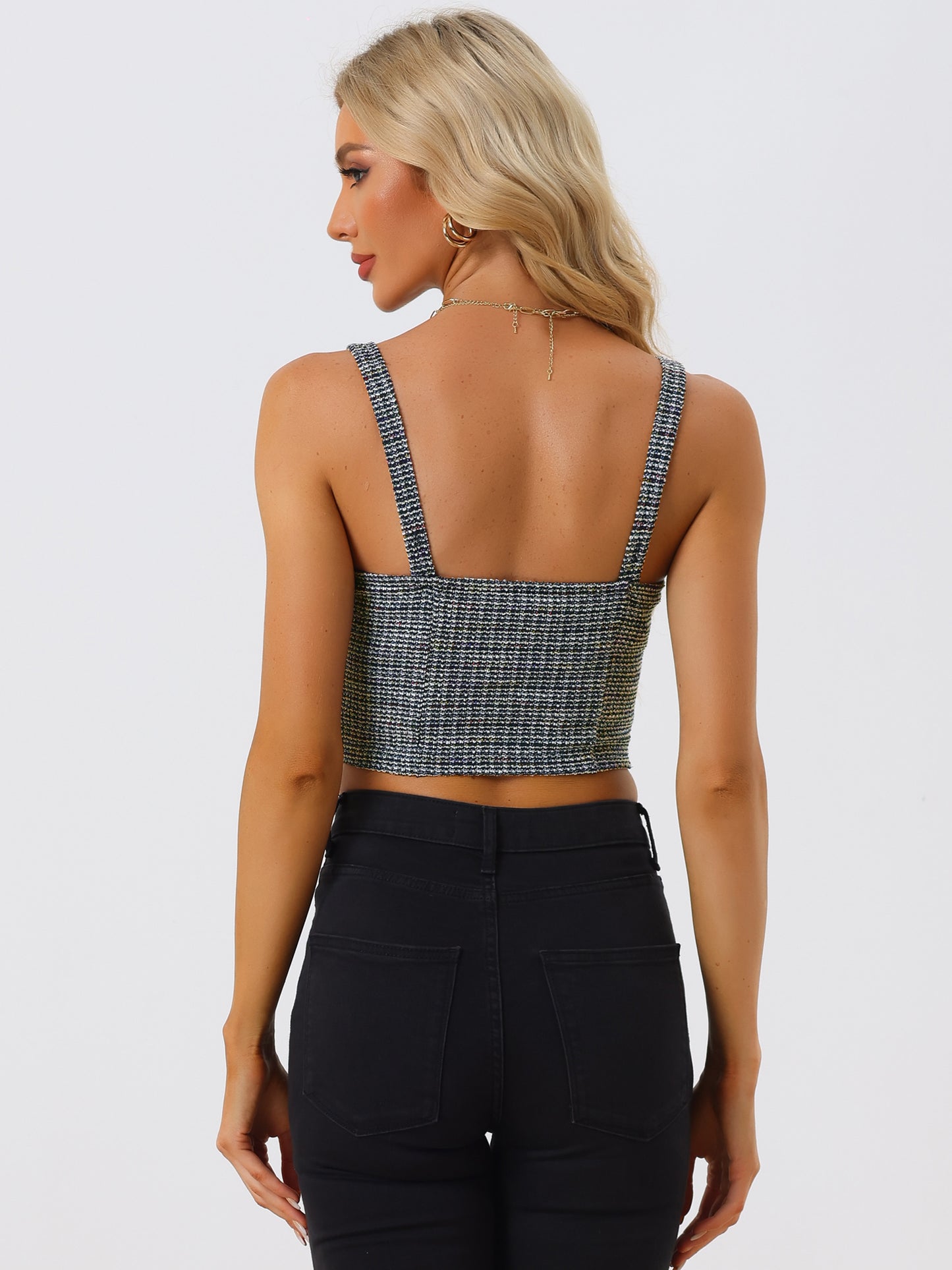 Women's Tweed Sleeveless Sweetheart Neck Corset Plaid Crop Top