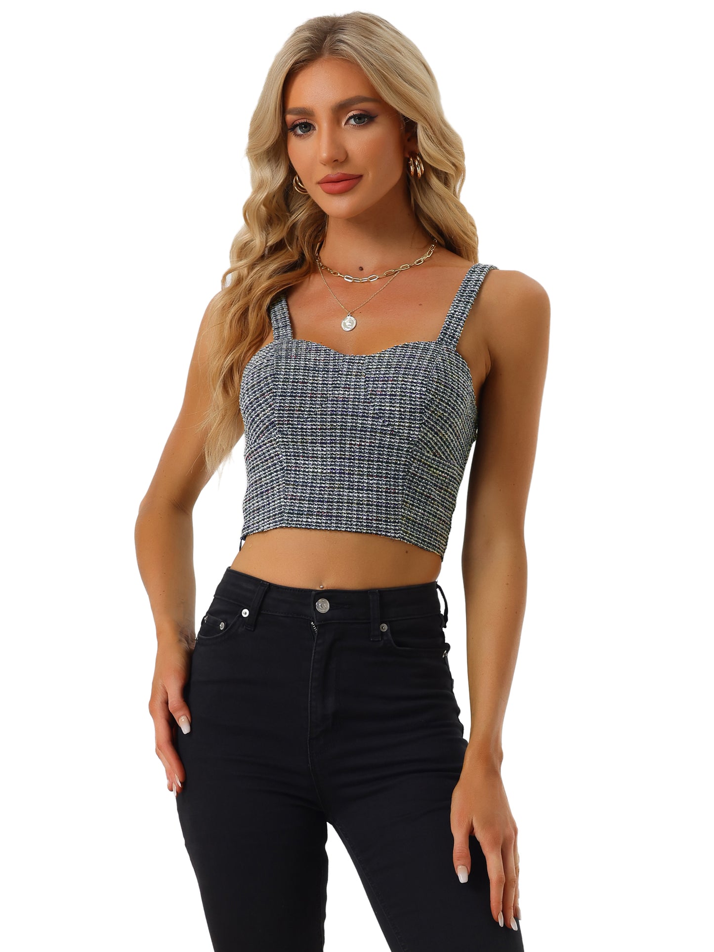Women's Tweed Sleeveless Sweetheart Neck Corset Plaid Crop Top
