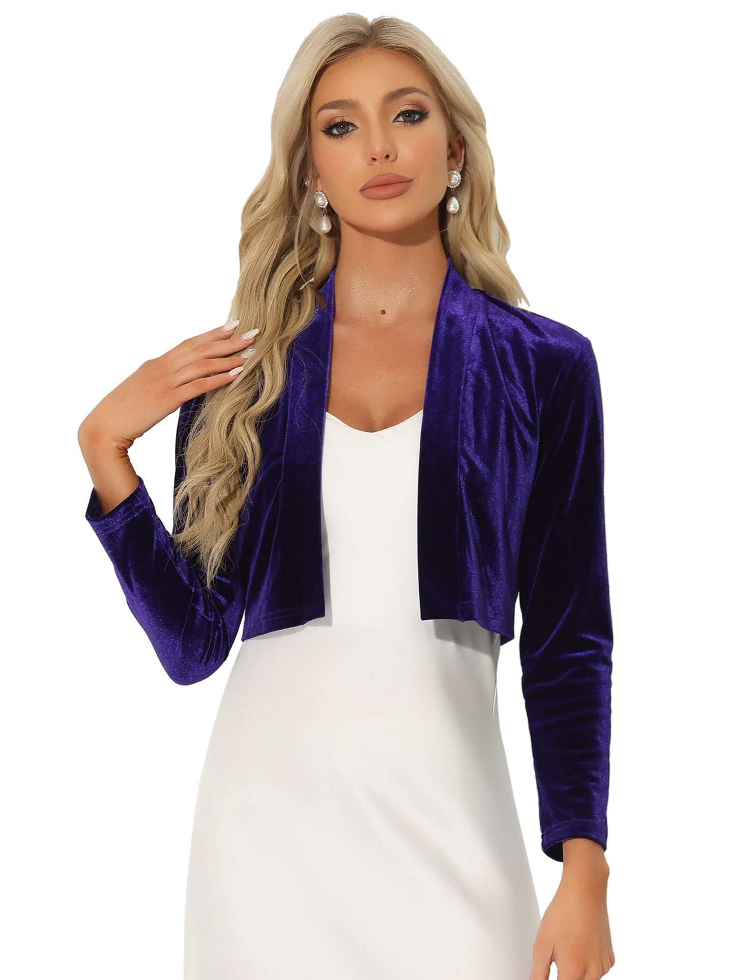 Women's Velvet Shrug Long Sleeve Open Front Cardigan Cocktail Party Cropped Bolero Jacket