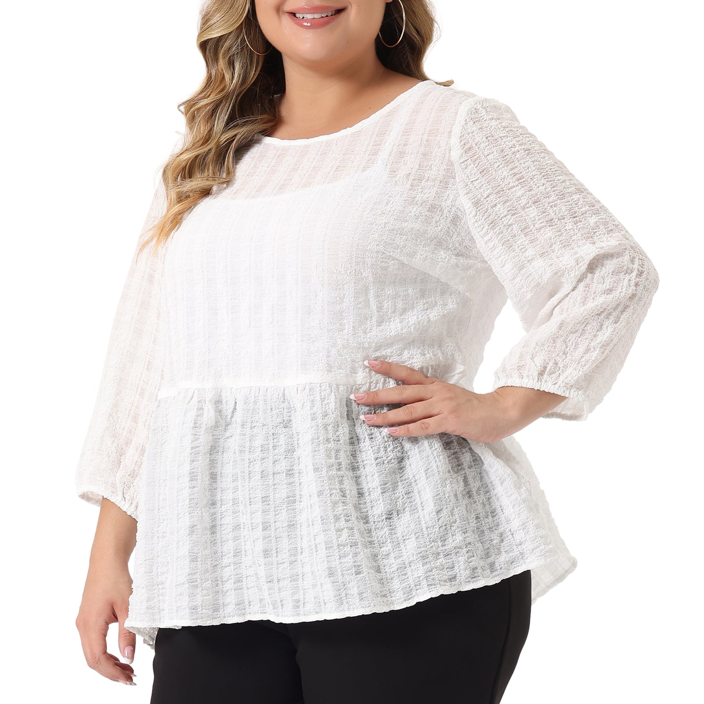 Women Plus Size Babydoll Blouse Round Neck 3/4 Puff Sleeve Tiered Lace Peplum Top