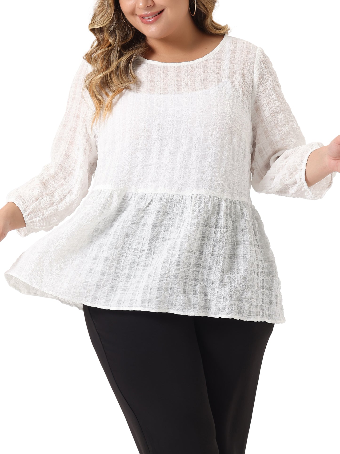 Women Plus Size Babydoll Blouse Round Neck 3/4 Puff Sleeve Tiered Lace Peplum Top