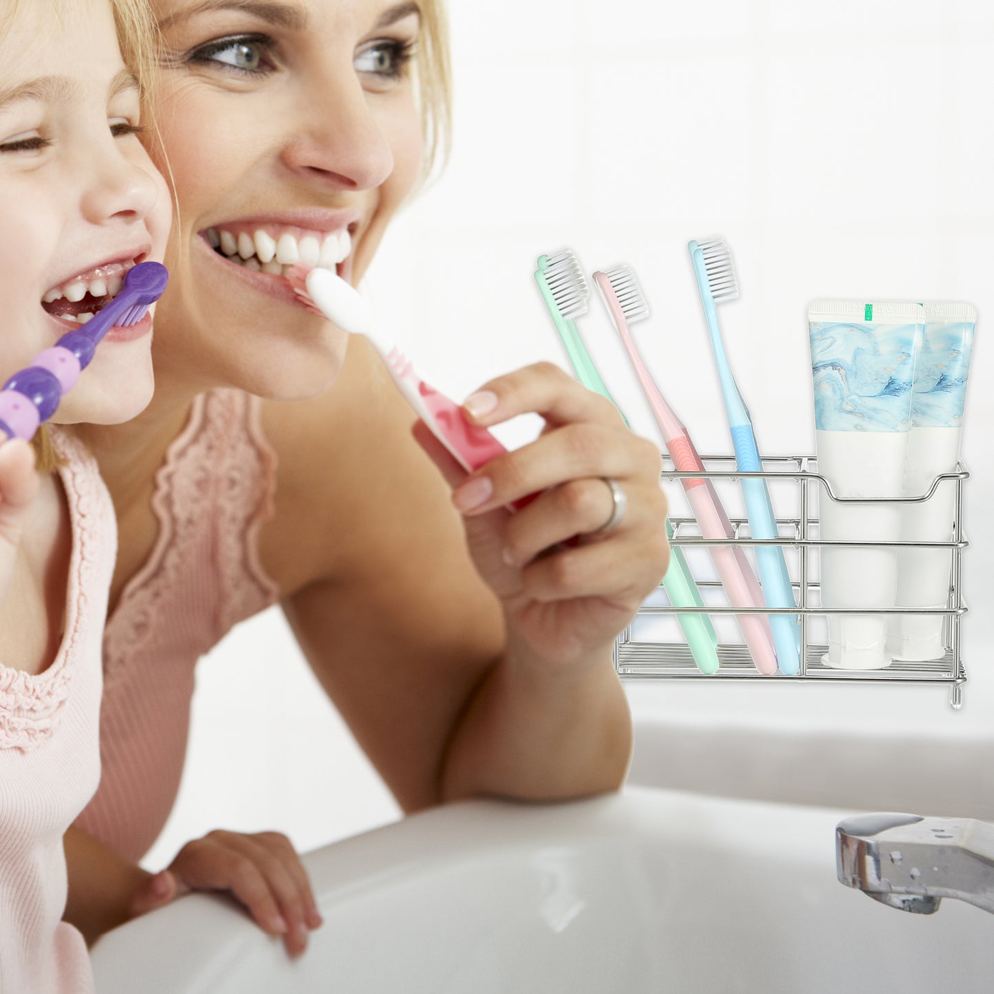 Soporte para cepillo de dientes y pasta de dientes de acero inoxidable 304 con 6 ranuras para baño, tono plateado