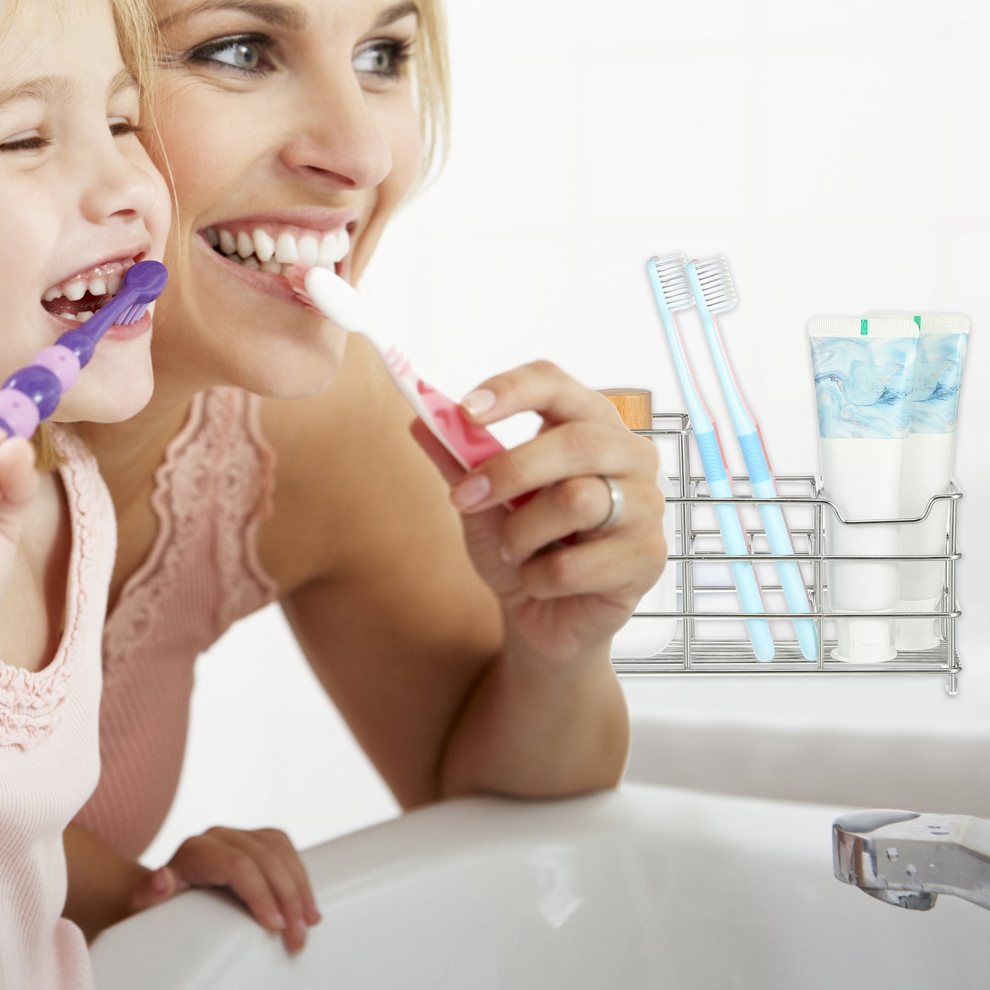 Portacepillos de dientes y pasta de dientes de acero inoxidable 304 con 6 ranuras, accesorio de baño en tono plateado