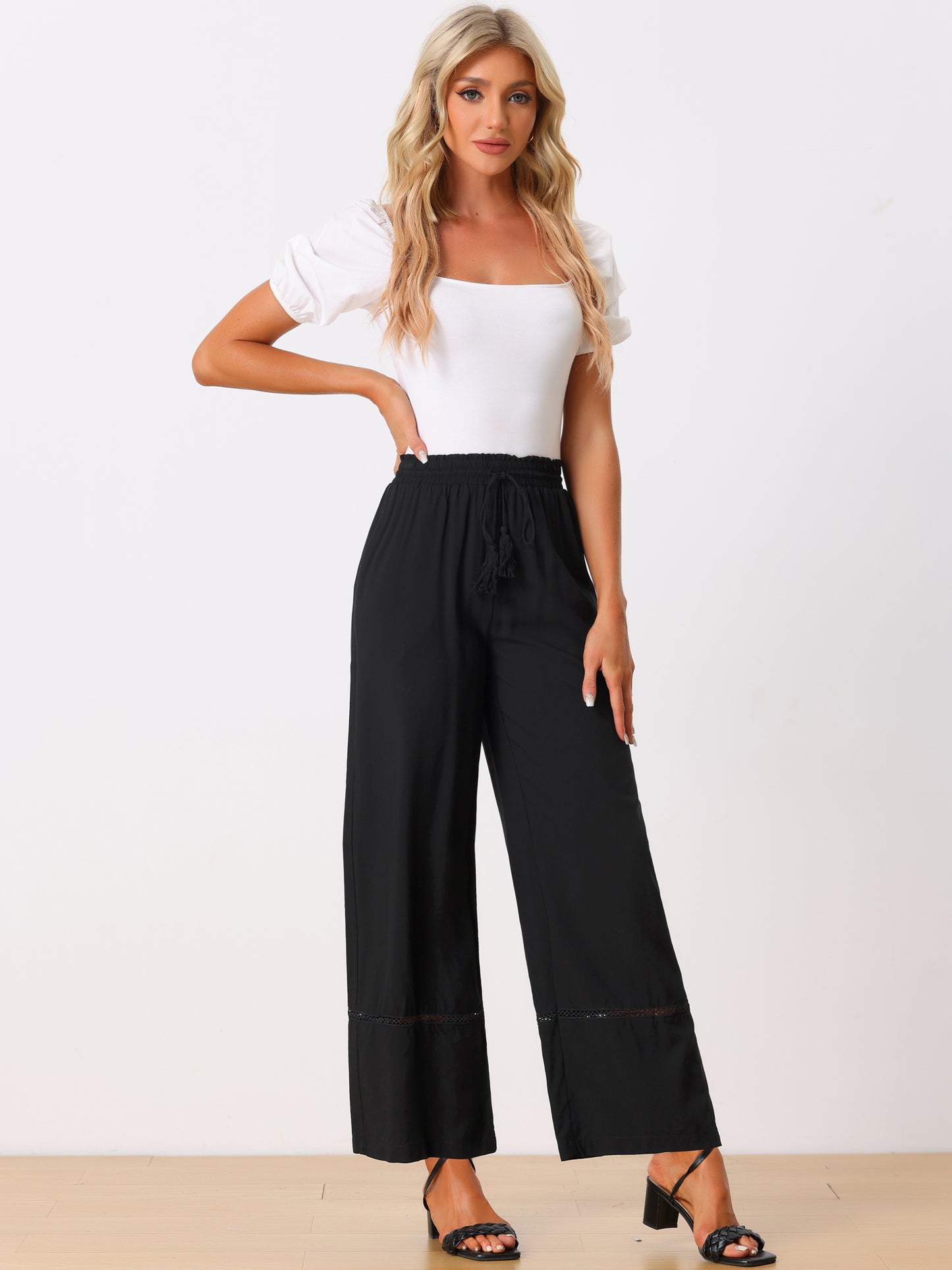 Women's Summer Casual Pants Loose High Waist Drawstring Wide Leg Palazzo Trousers with Pockets