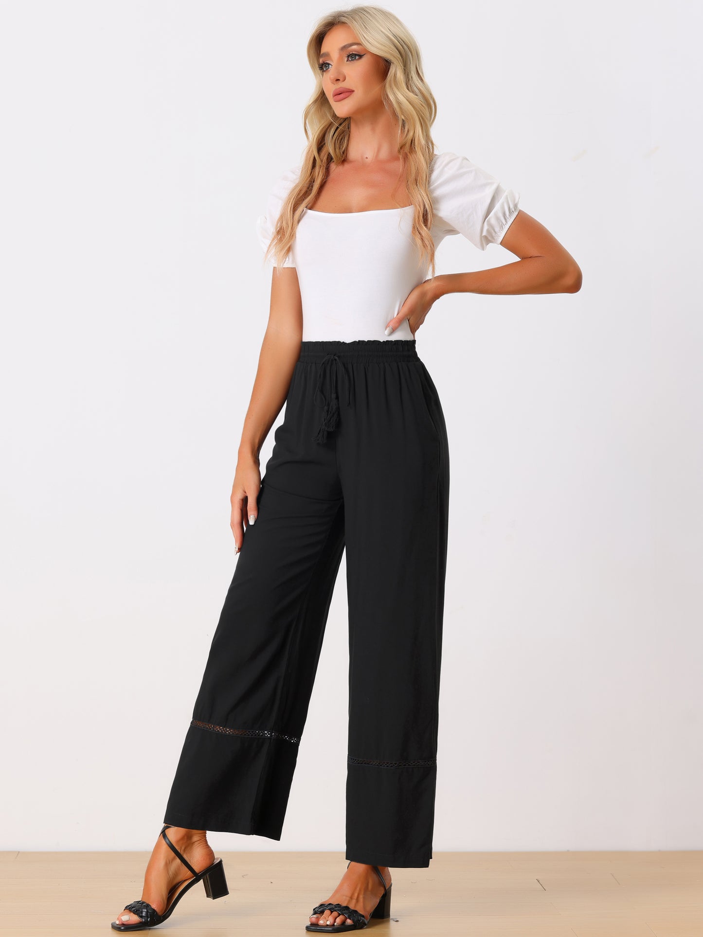 Women's Summer Casual Pants Loose High Waist Drawstring Wide Leg Palazzo Trousers with Pockets