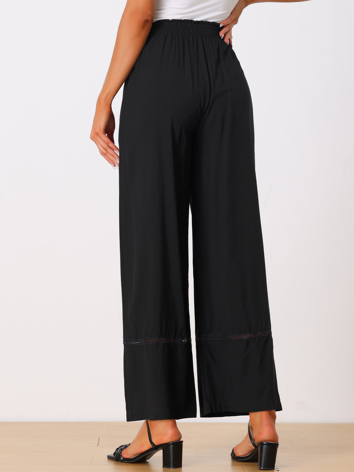 Women's Summer Casual Pants Loose High Waist Drawstring Wide Leg Palazzo Trousers with Pockets